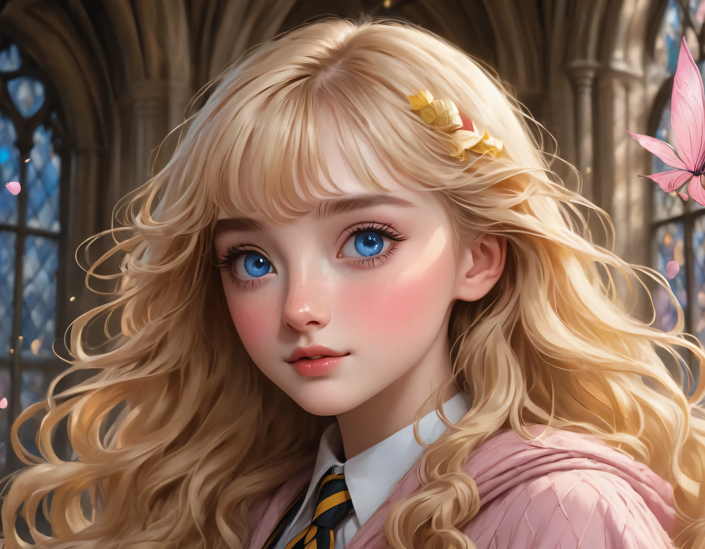 best quality, Masterpiece, Hogwarts students, Hufflepuff, Long blonde hair with bangs, Beaming, misbehave, freckles, blue eyes,Big, round eyes with luxurious, detailed eyelashes., detailed face, Fine skin,In Hufflepuff robes, background hogwarts, Realistic style, pink theme