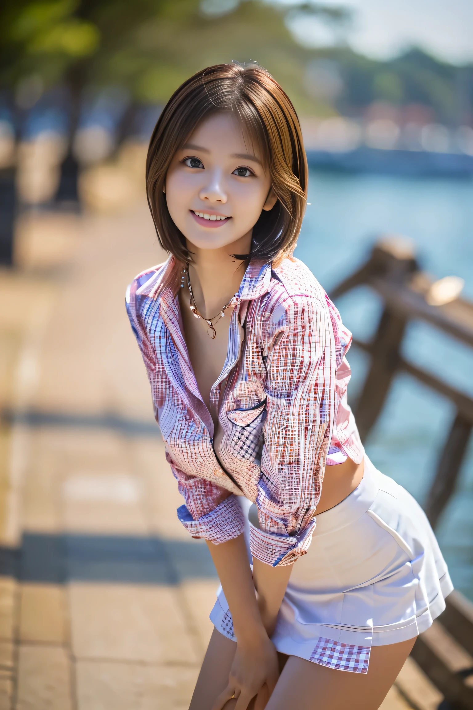 (Full body shot from head to toe:1.5),(18-year-old female),((White mini skirt:1.5)), (The best quality at its best:1.4), (Super detailed), (Very detailed CG unified 16k), Beautiful woman with perfect figure: 1.4, Sharp focus: 1.2, Very detailed, High-quality RAW color photos, Professional photography, Great face and eyes, Beautiful eyelashes、(Amazingly beautiful girl),((Pink gingham check shirt:1.5)), Are standing, Sexy posture,(harbor:1.3), (View from below), Realistic movie faces, Realistic, ((Natural light brown hair color, Realistic blue eyes)),( Short Bob Hair:1.5), (necklace:1.5)、Very beautiful face, Perfect model beauty, Mouth swelling, Highly detailed face and skin texture, double eyelid, Medium chest, smile, (masterpiece), highest quality, High resolution, Very detailed, Blurred Background, Cinema Lighting, Great legs, High heels, Clear, well-maintained skin,