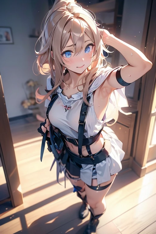 (from above:1.2),(from side:0.9), ((Face)), (Close-Up:0.4), 1female, teacher, wearing a hoodie, bootyshorts, Thicc, small breast, light colored hair, long hair, blue eyes, face to detail, detailed eyes, the background is a pizzaria, smiling, highest quality, (RAW photo:1.2)(Curve,Model,glamor:1.5),Beautiful breasts,(pointed chest:1.0),Farbe_aberration,beautiful detailed shadow,Beautiful eyes,Beautiful body,Beautiful skin,beautifull hands,(medium_breasts:1.5),Brown hair,watching at viewers,black suspenders,Bulging big,breasts,walls: Black miniskirt, garters, Gaze, Small face,bangss,holster,Beautuful Women,hands up,leg holster,Gaze,black boots panty shot, provocation,flank,flank sweat soio,arm,,narrow waist,(with sparkling eyes and a contagious smile),her thin pubic hair, looking at viewer, posed cleavage:1.2,pose muy sexy"
