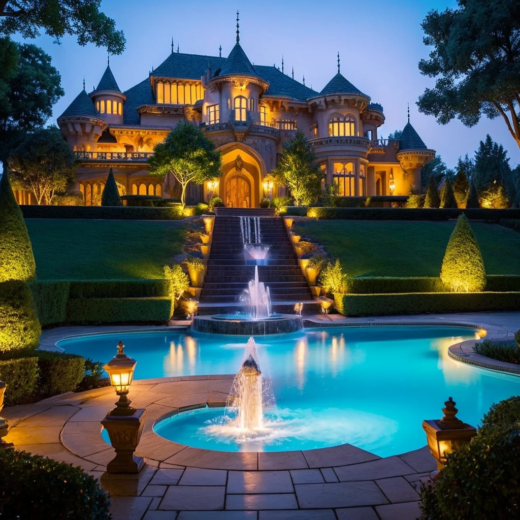 a large castle style home with a pool and a fountain, luxury castle, beautiful castle, magical castle, huge mansion, fantasy setting, beatiful house, fairy tale place, fantasy house, beautiful lit, stunning masterpiece, luxury architecture, fantastical setting, stunning grand architecture, victorian castle, very magical and dreamy, incredible masterpiece, castle setting, beautiful architecture, stunning architecture