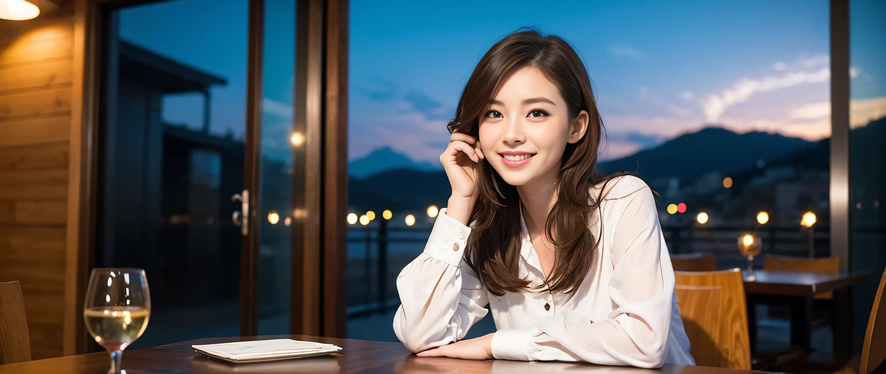 ((highest quality、8k、masterpiece:1.3))、Sharp focus:1.2、Beautiful woman perfect body:1.4、Slim body、((Bob Hale、Straight hair:1.2))、(to be born, highest quality, masterpiece:1.5), (Realistic, Intricate details:1.2), Wine on the table、, shine a light on your face、Amazing view of the sunset sky and clouds、Amazing mountain views、A bright smile、A lovely woman with a smile、Bright image、2. The beauty of wine, Beautiful Face, blue eyes, The light shines on your face, Blushing, short hair,Bright Face、Fox face、 (41 years old), 39 years old, Lady、red wine 、Appetizers、Italian food、Wine bottle、Champagne、sparkling wine、Two beauties、Brown Hair、Shortcuts、Long sleeve shirt、dress、Pretty Woman 1, (Slim face), (The body is slim), (Brown Hair), (Shortcuts), cheeks turn a little red,Attractive beauty、, Out of the window, A beautiful and detailed night view unfolds.........., restaurant, In a prominent place (From the waist up) Nova Frog Style, actress, model, Upper Body, White wine, slim, wine glass, A wine glass placed in the middle, smile, (smile: 1.15), Beautiful fine grain, Depth f/2,saturation, High Contrast, Strong light and shadow,Moist Body:1.5、3D texture、Delicate eyes、Brown Hair、The hair is very shiny、