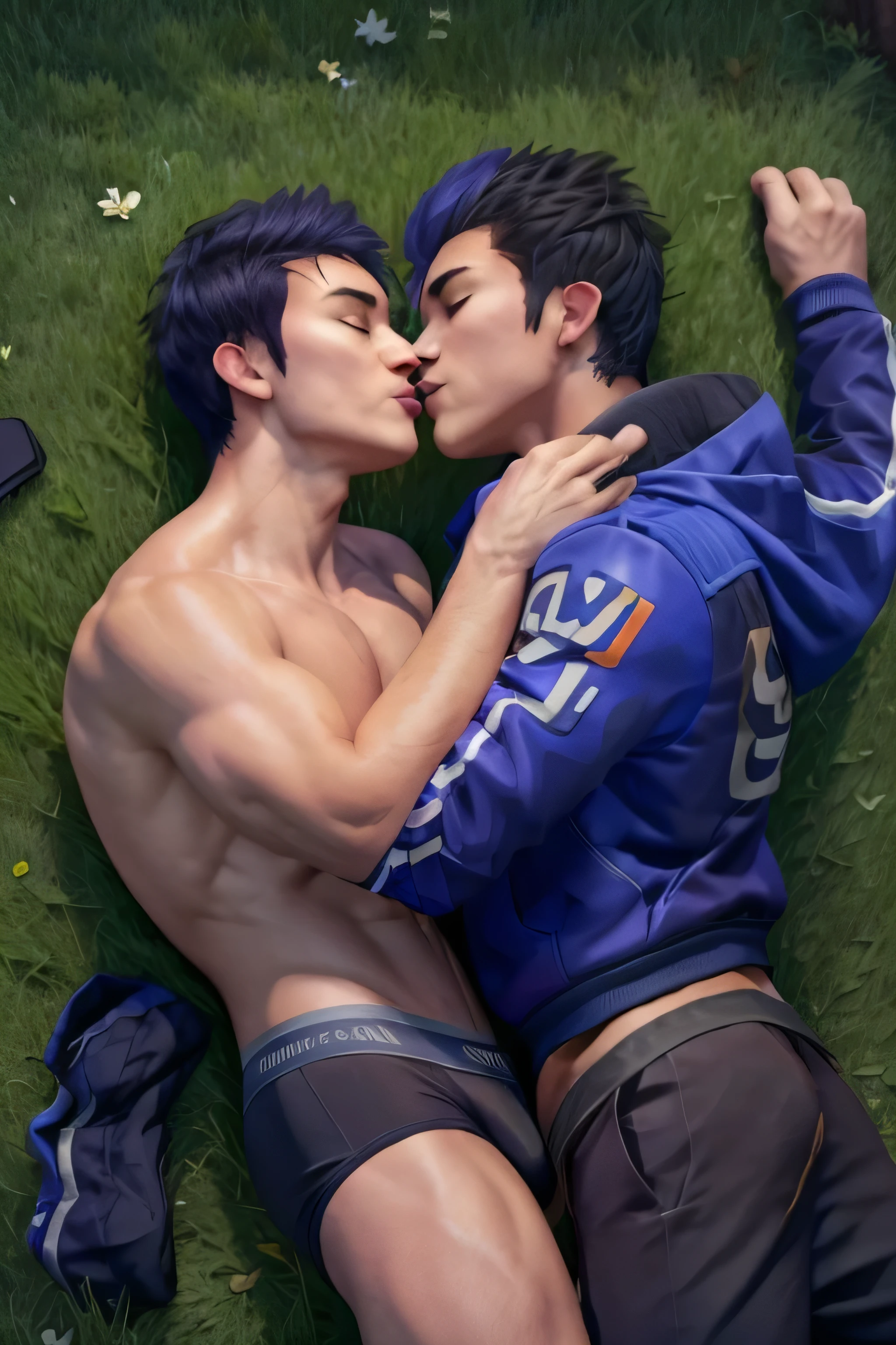 2 guys kissing each other, ((1 yoru on the left), laying in grass, shirtless, fully shirtless, jacket, calvin Klein underwear,kissing yoru on right),

((1 yoru on the right), laying in grass, shirtless, calvin Klein underwear, kissing yoru on left)