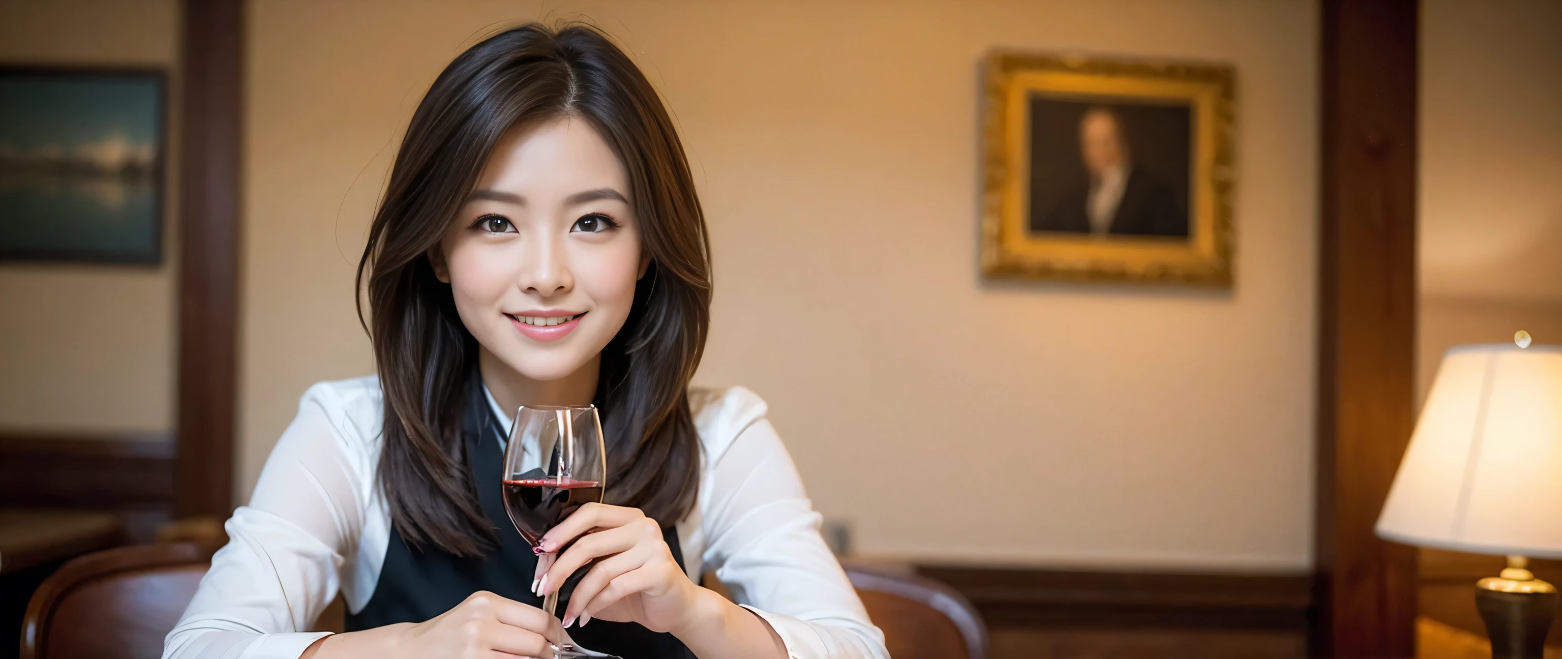 ((highest quality、8k、masterpiece:1.3))、Sharp focus:1.2、Beautiful woman perfect body:1.4、Slim body、((Bob Hale、Straight hair:1.2))、(to be born, highest quality, masterpiece:1.5), (Realistic, Intricate details:1.2), Wine on the table、, shine a light on your face、Amazing view of the sunset sky and clouds、Amazing mountain views、A bright smile、A lovely woman with a smile、Bright image、2. The beauty of wine, Beautiful Face, blue eyes, The light shines on your face, Blushing, short hair,Bright Face、Fox face、 (41 years old), 39 years old, Lady、red wine 、Appetizers、Italian food、Wine bottle、Champagne、sparkling wine、Two beauties、Brown Hair、Shortcuts、Long sleeve shirt、dress、Pretty Woman 1, (Slim face), (The body is slim), (Brown Hair), (Shortcuts), cheeks turn a little red,Attractive beauty、, Out of the window, A beautiful and detailed night view unfolds.........., restaurant, In a prominent place (From the waist up) Nova Frog Style, actress, model, Upper Body, White wine, slim, wine glass, A wine glass placed in the middle, smile, (smile: 1.15), Beautiful fine grain, Depth f/2,saturation, High Contrast, Strong light and shadow,Moist Body:1.5、3D texture、Delicate eyes、Brown Hair、The hair is very shiny、