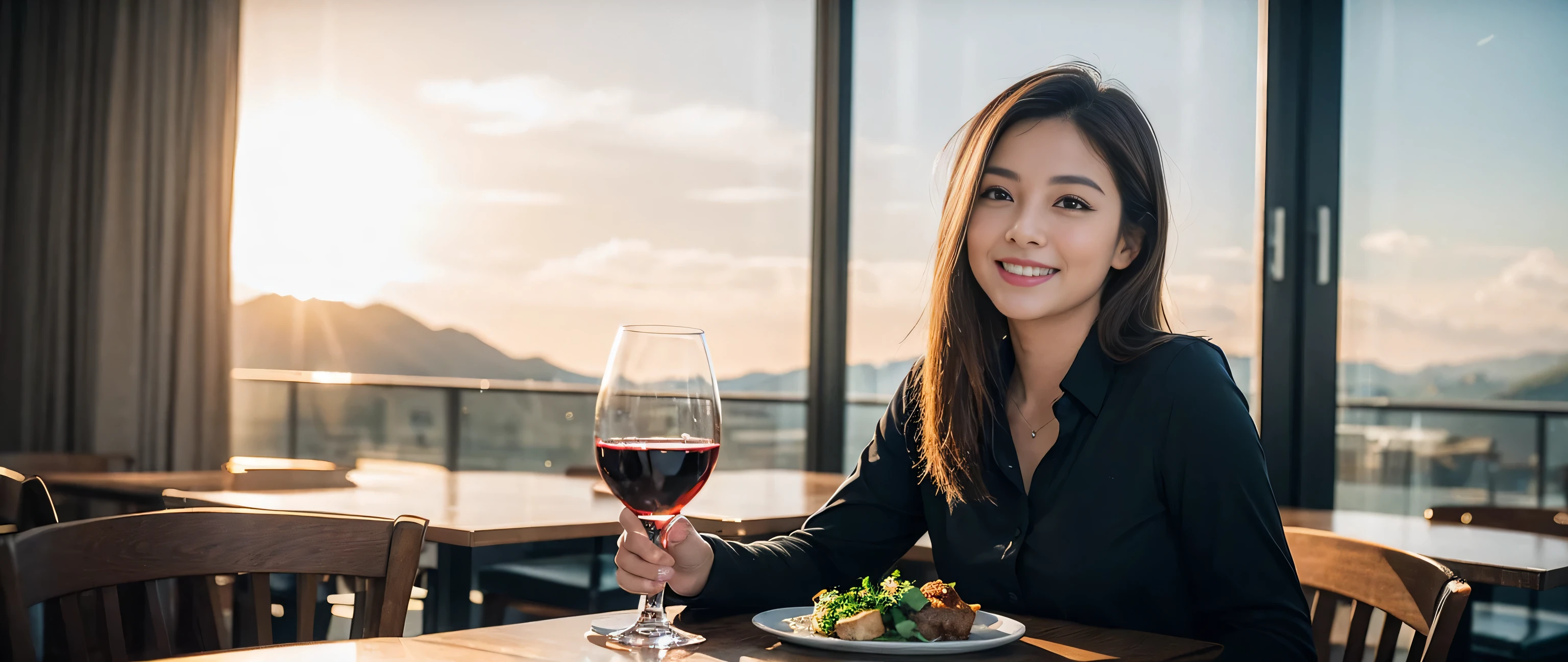 ((highest quality、8k、masterpiece:1.3))、Sharp focus:1.2、Beautiful woman perfect body:1.4、Slim body、((Bob Hale、Straight hair:1.2))、(to be born, highest quality, masterpiece:1.5), (Realistic, Intricate details:1.2), Wine on the table、, shine a light on your face、Amazing view of the sunset sky and clouds、Amazing mountain views、A bright smile、A lovely woman with a smile、Bright image、2. The beauty of wine, Beautiful Face, blue eyes, The light shines on your face, Blushing, short hair,Bright Face、Fox face、 (41 years old), 39 years old, Lady、red wine 、Appetizers、Italian food、Wine bottle、Champagne、sparkling wine、Two beauties、Brown Hair、Shortcuts、Long sleeve shirt、dress、Pretty Woman 1, (Slim face), (The body is slim), (Brown Hair), (Shortcuts), cheeks turn a little red,Attractive beauty、, Out of the window, A beautiful and detailed night view unfolds.........., restaurant, In a prominent place (From the waist up) Nova Frog Style, actress, model, Upper Body, White wine, slim, wine glass, A wine glass placed in the middle, smile, (smile: 1.15), Beautiful fine grain, Depth f/2,saturation, High Contrast, Strong light and shadow,Moist Body:1.5、3D texture、Delicate eyes、Brown Hair、The hair is very shiny、