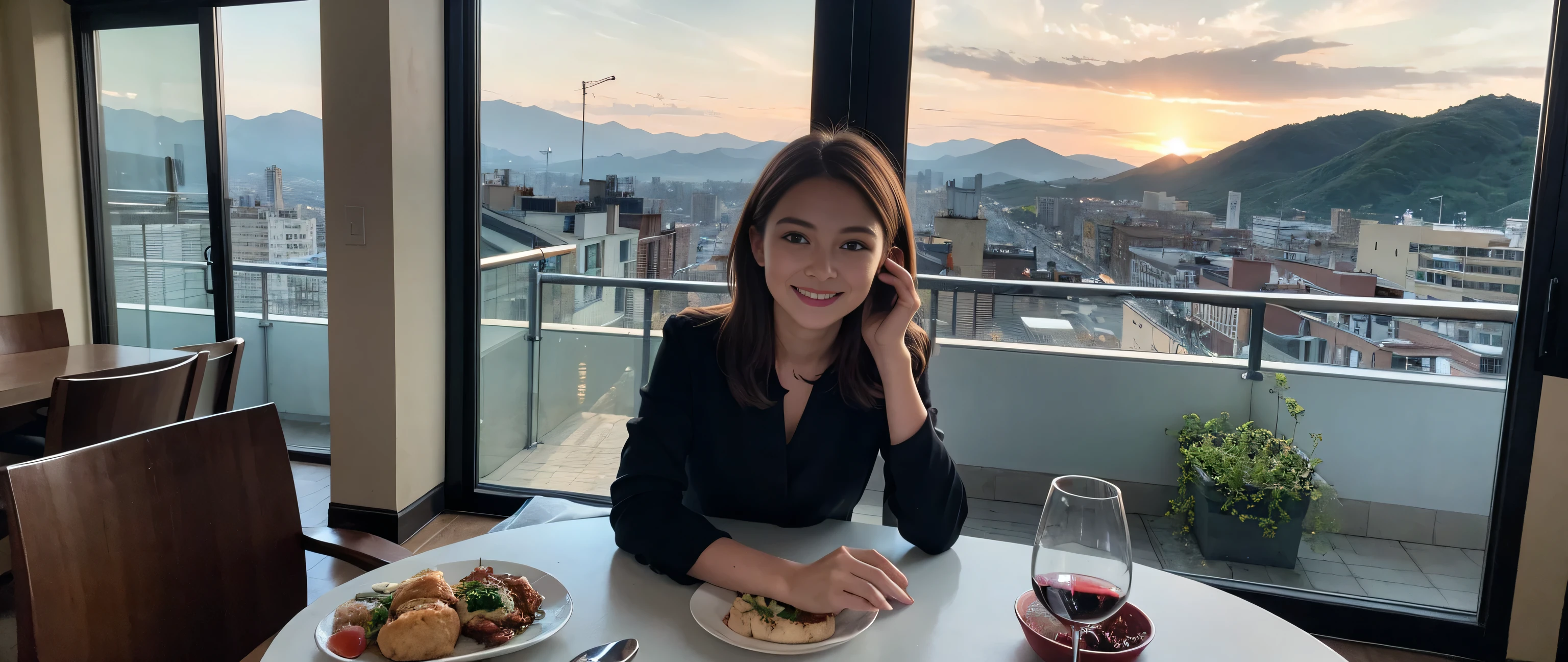 ((highest quality、8k、masterpiece:1.3))、Sharp focus:1.2、Beautiful woman perfect body:1.4、Slim body、((Bob Hale、Straight hair:1.2))、(to be born, highest quality, masterpiece:1.5), (Realistic, Intricate details:1.2), Wine on the table、, shine a light on your face、Amazing view of the sunset sky and clouds、Amazing mountain views、A bright smile、A lovely woman with a smile、Bright image、2. The beauty of wine, Beautiful Face, blue eyes, The light shines on your face, Blushing, short hair,Bright Face、Fox face、 (41 years old), 39 years old, Lady、red wine 、Appetizers、Italian food、Wine bottle、Champagne、sparkling wine、Two beauties、Brown Hair、Shortcuts、Long sleeve shirt、dress、Pretty Woman 1, (Slim face), (The body is slim), (Brown Hair), (Shortcuts), cheeks turn a little red,Attractive beauty、, Out of the window, A beautiful and detailed night view unfolds.........., restaurant, In a prominent place (From the waist up) Nova Frog Style, actress, model, Upper Body, White wine, slim, wine glass, A wine glass placed in the middle, smile, (smile: 1.15), Beautiful fine grain, Depth f/2,saturation, High Contrast, Strong light and shadow,Moist Body:1.5、3D texture、Delicate eyes、Brown Hair、The hair is very shiny、
