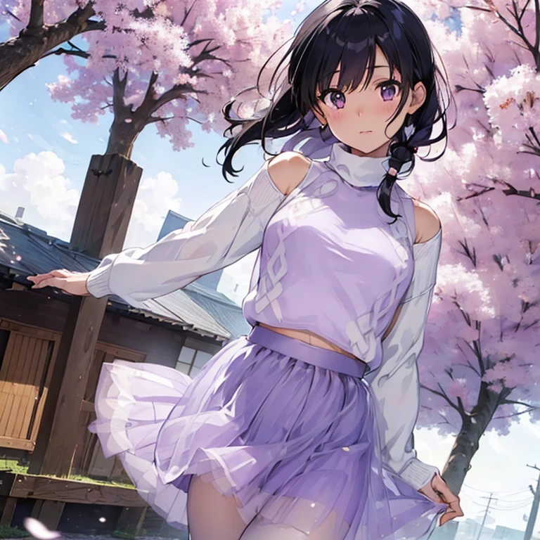 black hair, (((1woman))), standard body,short stature,(22 years old),,((beautiful background)), perfect lighting,narusawa,half lips,cowboy shot,black pantyhose,break,((((white turtleneck sweater)))),break,row of cherry trees,from below,beautiful sky,cherry petals dancing in the wind, semi long hair,((((light purple long tulle skirt)))),