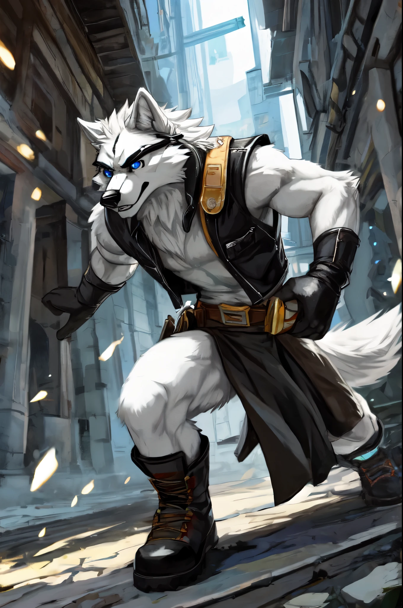 Solo, teen furry, furry, teen, white wolf, wolf, white body, grey stripes, googles, black sleeveless jacket, black loincloth, holy magic, masterpiece, Detailed face, big eyebrows, blue eyes, detailed eyes, No muscles, Detailed hands, Flat body, Skinny, Detailed paws, no shirt, no underwear, black gloves, black boots, art by negy, action pose,