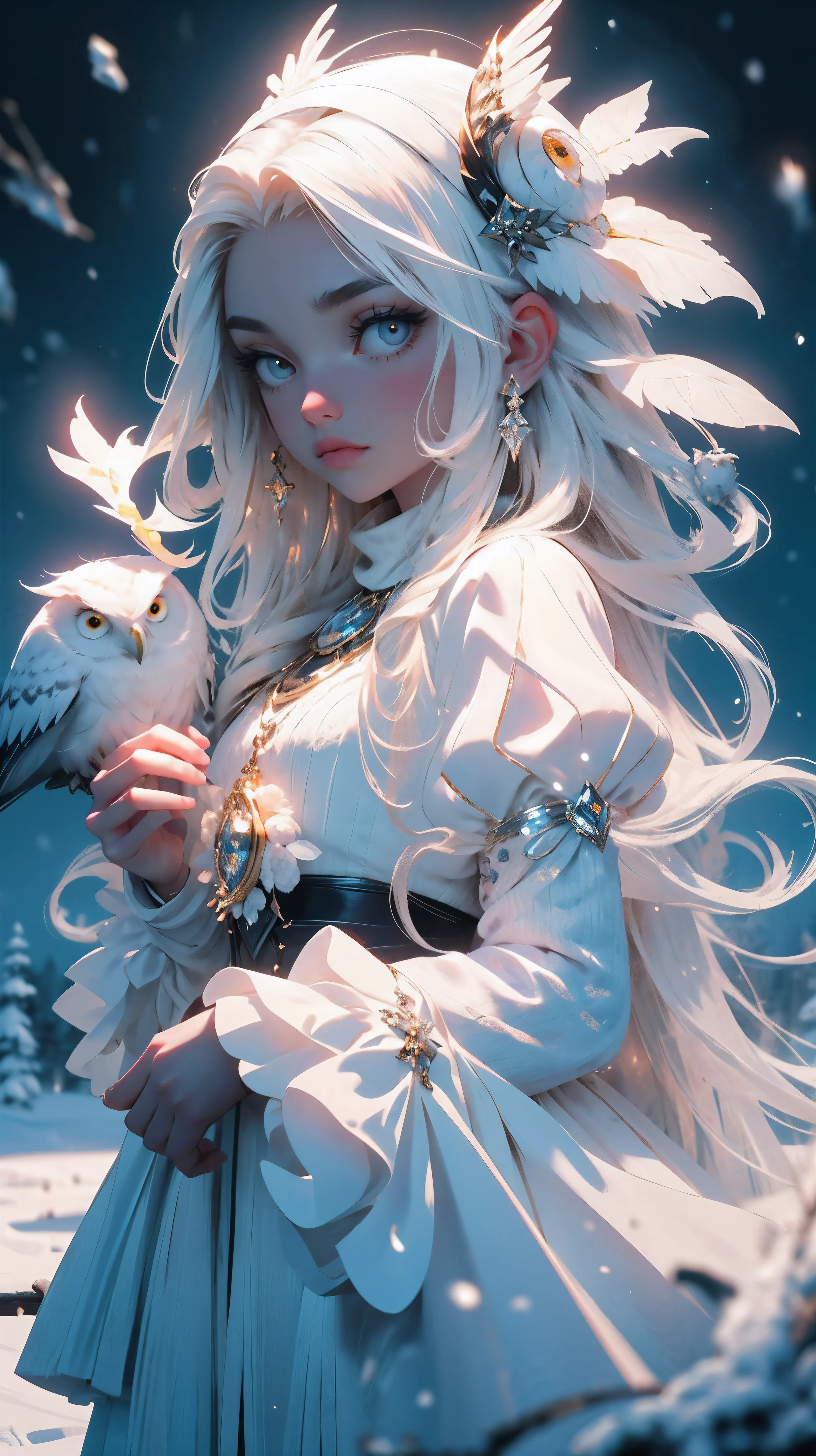 close up, beautiful young girl, white long hair, black eyes, white dress, white owl in the hands, girl holding owl, snowy landscape, 8k, high detailed, high realism, dark fantasy art