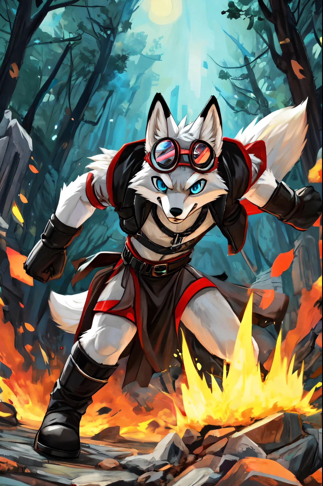 Solo, teen furry, furry, teen, white fox, fox, white body, grey stripes, googles, black sleeveless jacket, black loincloth, holy magic, masterpiece, Detailed face, big eyebrows, blue eyes, detailed eyes, No muscles, Detailed hands, Flat body, Skinny, Detailed paws, no shirt, no underwear, black gloves, black boots, art by negy, action pose,