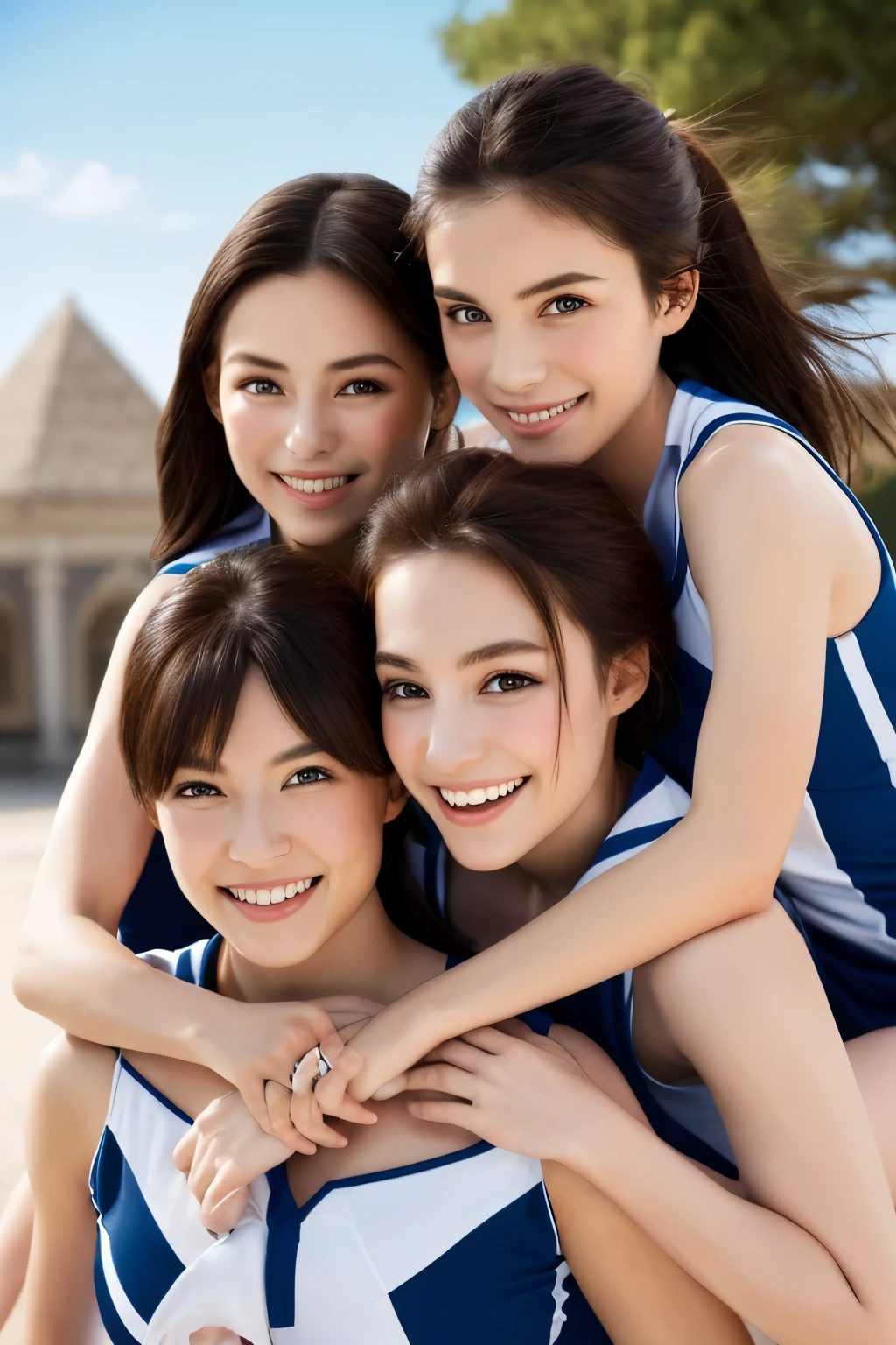 highest quality, masterpiece, Detailed skin texture, Detailed cloth texture, Detailed face, 8k, 10 Girls, cheer leading, Piggyback, Riding on each other's shoulders, Human pyramid