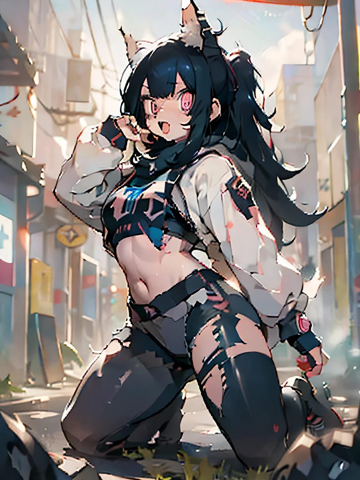 solo,1woman\(cute,kawaii,small kid,evil smile,floating hair,messy hair,(black hair:1.2),long hair,twin tails hair,pale skin,skin color blue,red eyes,eyes shining,big eyes,(ripped clothes:1.5),tight tube top,(breast:1.4),tight hot pants,(dynamic pose:1.7),(stomach shown:1.4),(punk fashion:1.4),fluffy black cat-ear,(dynamic pose:1.4),open mouth,better hands,Perfect Hands\), BREAK ,background\(outside,noisy city,backstreet,narrow street,(dark:2.0),neon lights\),[chibi],[nsfw:2.0],quality\(8k,wallpaper of extremely detailed CG unit, ​masterpiece,hight resolution,top-quality,top-quality real texture skin,hyper realisitic,increase the resolution,RAW photos,best qualtiy,highly detailed,the wallpaper/),(close up:1.0)