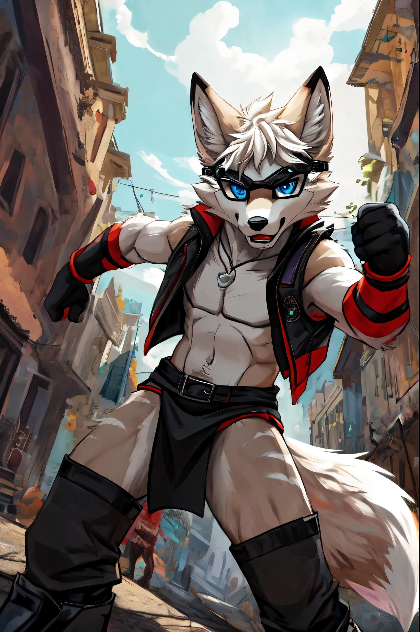 Solo, teen furry, furry, teen, white fox, fox, white body, grey stripes, googles, black sleeveless jacket, black loincloth, holy magic, masterpiece, Detailed face, big eyebrows, blue eyes, detailed eyes, No muscles, Detailed hands, Flat body, Skinny, Detailed paws, no shirt, no underwear, black gloves, black boots, art by negy, action pose,