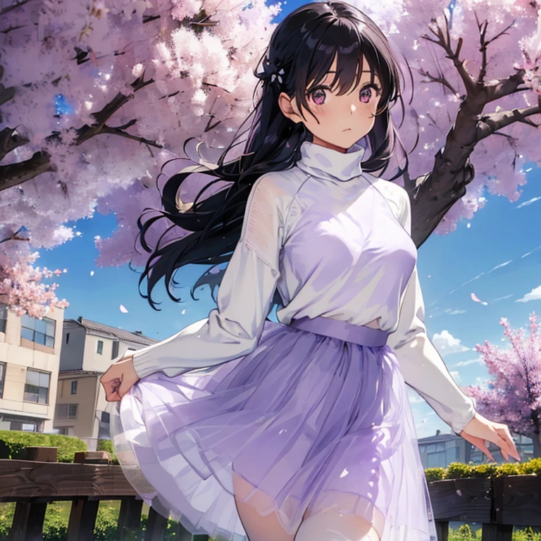 black hair, (((1woman))), standard body,short stature,(22 years old),,((beautiful background)), perfect lighting,narusawa,half lips,cowboy shot,black pantyhose,break,((((white turtleneck sweater)))),break,row of cherry trees,from below,beautiful sky,cherry petals dancing in the wind, semi long hair,break,((((light purple long tulle skirt)))),break,