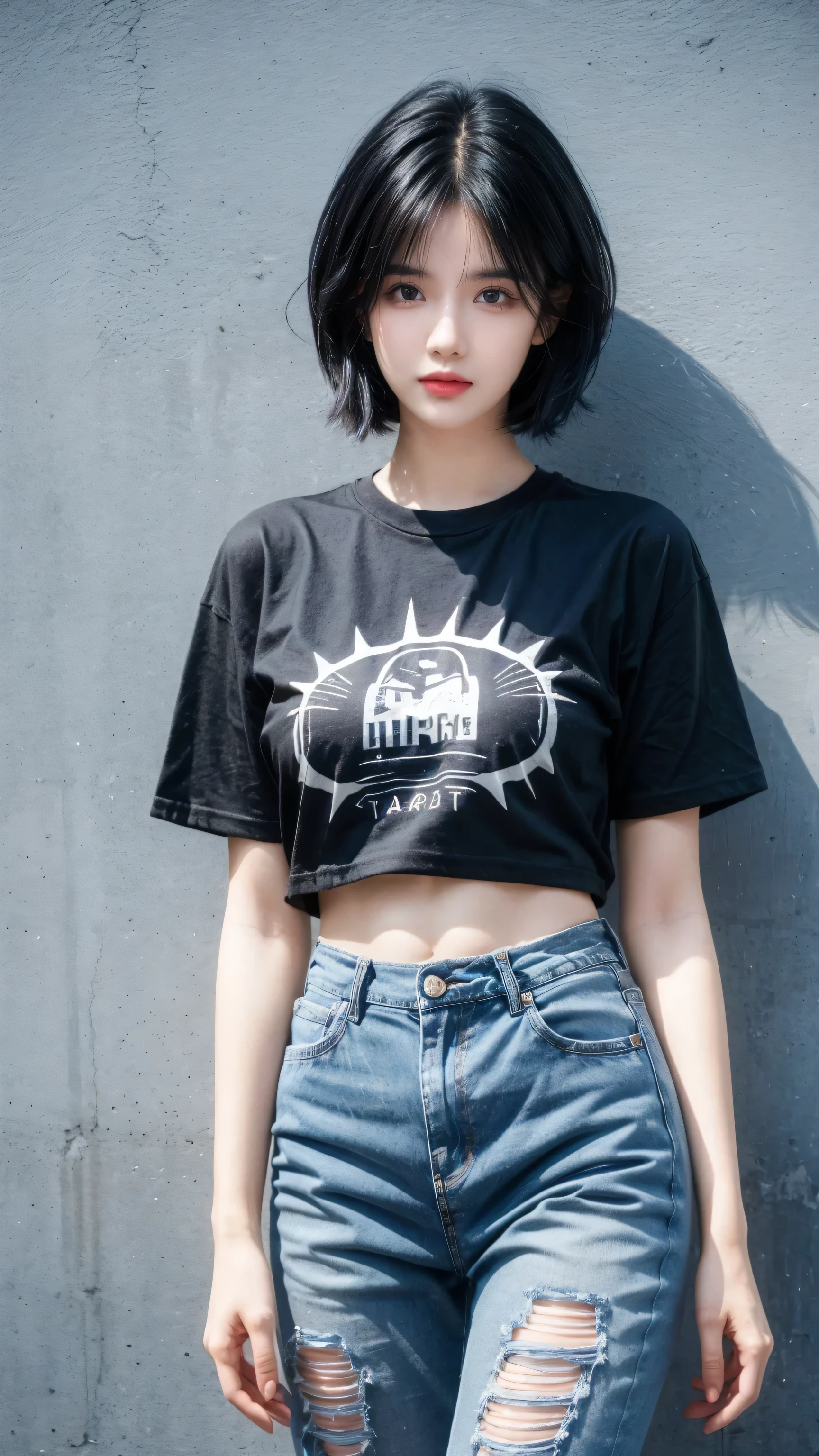 best quality, 1 Girl, dark blue hair, black eyes, Very short hair, Spiky hair, Ahog, t-shirt, High waist jeans, 171 cm, Messy hair, Hair between the eyes, Medium breasts, full, Tomboy, aldult, 20 years old, 1 Girl