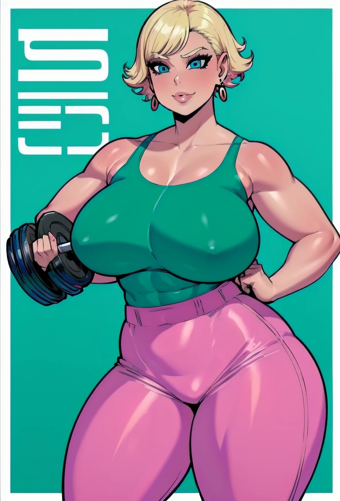 Bimbo girl at the gym,
(best quality,4k,8k,highres,masterpiece:1.2), ultra-detailed, cartoon, vibrant colors, HDR, lovely chubby bimbo girl ,venus body, curvy, dynamic pose, sparkling earrings, perfect makeup, glossy lipstick, captivating smile, short wavy blonde hair, gym environment, high-tech workout equipment, energetic atmosphere, fitness trainer providing guidance, motivational quotes on the walls, gym logo in the background, beautiful detailed eyes, breast enhancement, toned female, glamorous perfect female proportion,a solo cartoon of a woman in tight pants and a shirt, bimbo at the gym, thicc, oc commission, commission for high res, hands behind her body pose!, inked and colored, cel shaded!!!, cutesexyrobutts, full body portrait of a short!, fullbody commission for, thighs!!!!!!, lowres, thighs!!!, a close up of a woman with a blue top, short hair, anime visual of a woman, female anime character,