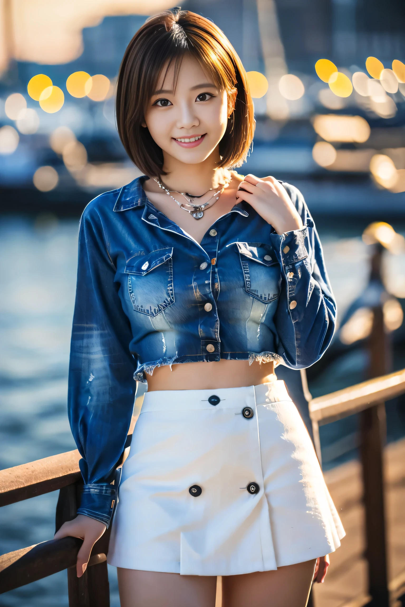 (Full body shot from head to toe:1.5),(18-year-old female),((White mini skirt:1.5)), (The best quality at its best:1.4), (Super detailed), (Very detailed CG unified 16k), Beautiful woman with perfect figure: 1.4, Sharp focus: 1.2, Very detailed, High-quality RAW color photos, Professional photography, Great face and eyes, Beautiful eyelashes、(Amazingly beautiful girl),((Denim shirt:1.5)), Are standing, Sexy posture,(harbor:1.3), (View from below), Realistic movie faces, Realistic, ((Natural light brown hair color, Realistic blue eyes)),( Short Bob Hair:1.5), (necklace:1.5)、Very beautiful face, Perfect model beauty, Mouth swelling, Highly detailed face and skin texture, double eyelid, Medium chest, smile, (masterpiece), highest quality, High resolution, Very detailed, Blurred Background, Cinema Lighting, Great legs, High heels, Clear, well-maintained skin,