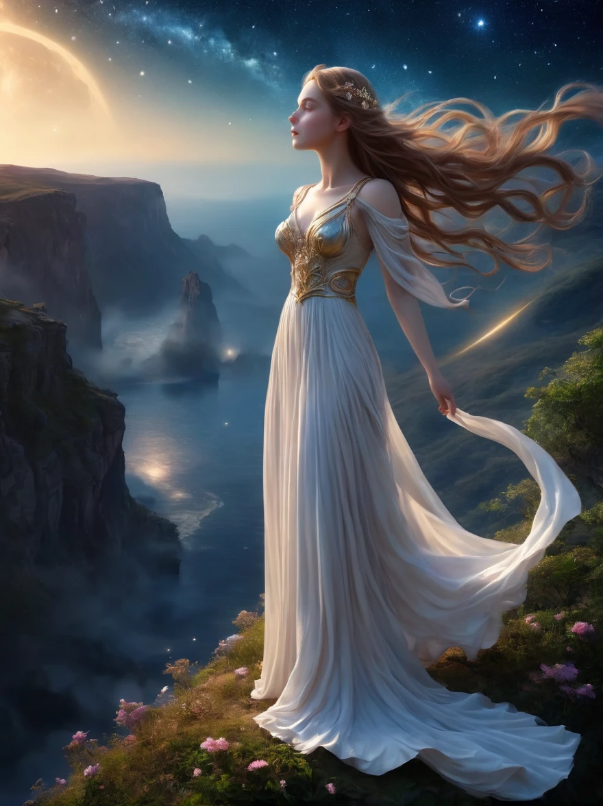 1girl, 3D Sculpture,A woman in a long dress stands on a cliff and looks up at the starry sky, Goddess of space, Milky Way Goddess, Goddess of Heaven, Astral ethereal, dream, Beautiful Celestial Mage, Beautiful fantasy painting, Beautiful fantasy art, Ethereal fantasy, Beautiful fantasy art, Digital Art Fantasy, Charming and otherworldly, Fantasy Beauty, Beautiful Art by Octane,Ultra HD,Volumetric Light,Natural soft lighting, (Ultra-delicate:1.2, lose focus:1.2, colorful, Cinema Lighting, Chiaroscuro,Ray Tracing), masterpiece, Super rich,Ultra Detailed,8k