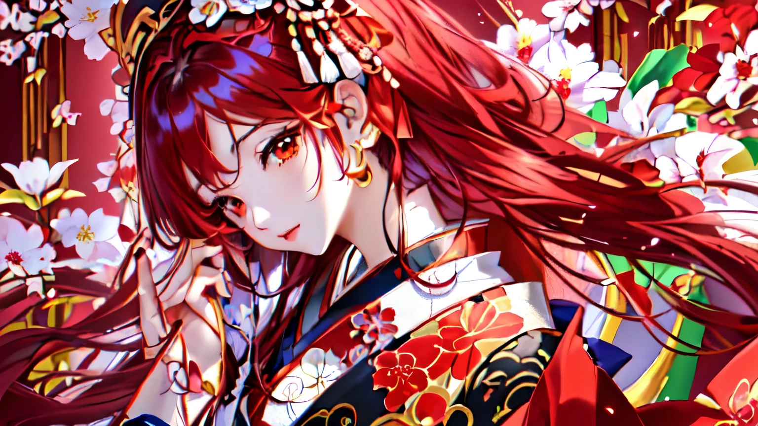 I have long hair and、Anime girl with red flower in her hair, Anime Style 4k, Detailed digital anime art, anime art wallpaper 4k, anime art wallpaper 4k, Japanese art style, Portrait of an Onmyoji, Digital anime illustration, palace , Girl in Hanfu, anime art wallpaper 8k, Beautiful anime portraits, Detailed portrait of an anime girl, Detailed anime artwork