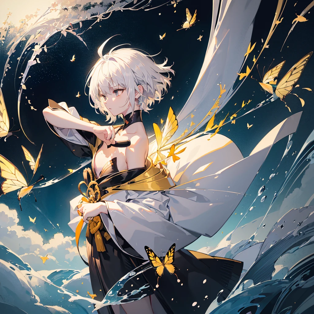 ((high resolution White Hair Short Hair Black kimono Black band Military commander Lonely despair)) ((Yellow butterfly night Japanese style Shoulder chest old Shining Aura garden water surface)) (Dance Blade of Darkness Holding a sword Slashing) moon star Draw your sword Slashing Catch the wind