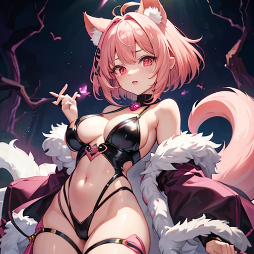 cute beastman、Brainwashed、female、Glowing pink eyes、Fall into Darkness、short hair、Pink gold hair、Large breasts、Dark Element Costume、underground、Animal Ears、big tail、whole body