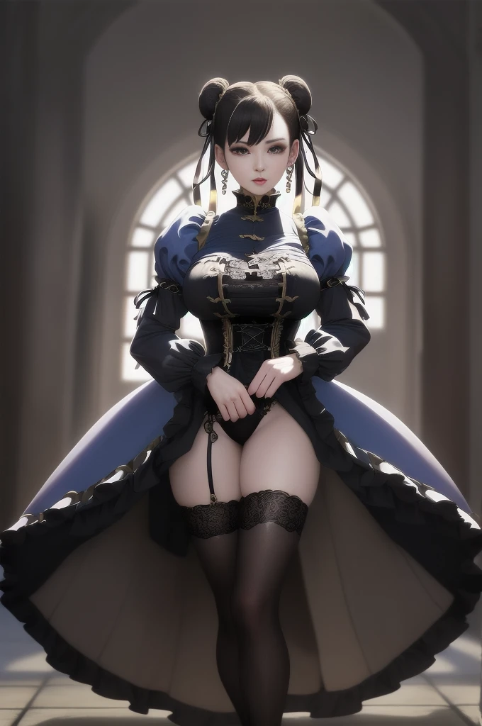Sfw, (vivid colors,ultra-detailed),(best quality:1.37)chun li reimagined as a Victorian goth girl in a dark Victorian era backdrop, full body,