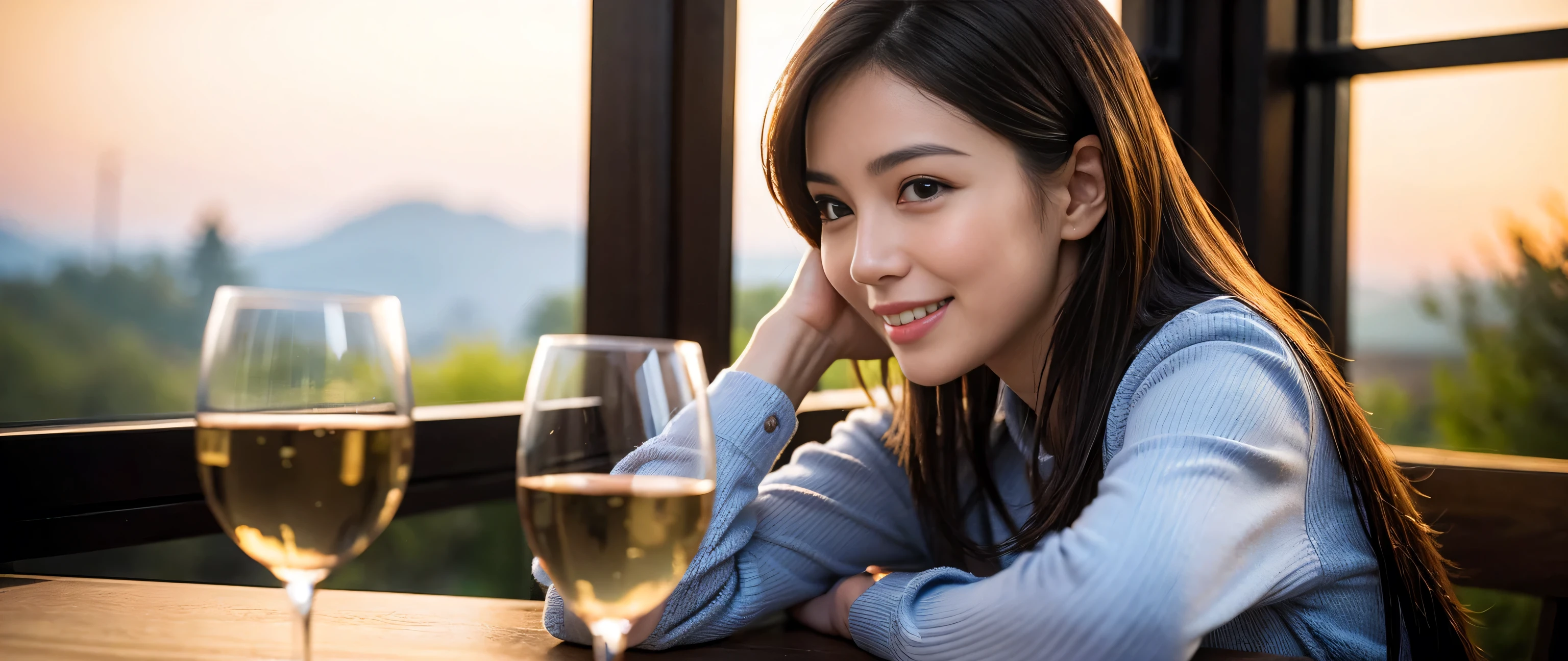 ((highest quality、8k、masterpiece:1.3))、Sharp focus:1.2、Beautiful woman perfect body:1.4、Slim body、((Bob Hale、Straight hair:1.2))、(to be born, highest quality, masterpiece:1.5), (Realistic, Intricate details:1.2), Wine on the table、, Image seen from the side、Put the light on your face、Amazing view of the sunset sky and clouds、Amazing mountain views、A bright smile、A lovely woman with a smile、Bright image、 The beauty of wine, Beautiful Face, blue eyes, The light shines on your face, Blushing, short hair,Bright Face、Fox face、 (42 years old), 39 years old, Lady、red wine 、Appetizers、Italian food、Wine bottle、Champagne、sparkling wine、Two beauties、Brown Hair、Shortcuts、Long sleeve shirt、dress、Pretty Woman 1, (Slim face), (The body is slim), (Brown Hair), (Shortcuts), cheeks turn a little red,Attractive beauty、, Out of the window, A beautiful and detailed night view unfolds.........., restaurant, In a prominent place (From the waist up) Nova Frog Style, actress, model, Upper Body, White wine, slim, wine glass, A wine glass placed in the middle, smile, (smile: 1.15), Beautiful fine grain, Depth f/2,saturation, High Contrast, Strong light and shadow,Moist Body:1.5、3D texture、Delicate eyes、Brown Hair、The hair is very shiny、