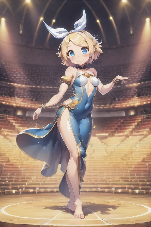 (((masterpiece))), ((highest quality)), ((Very detailed)), ((High resolution)), ((8k)), ((Anatomically correct)), The correct number of fingers, One Woman, Kagamine Rin, Vocaloid, Blonde Hair, short hair, Short, Very cute woman, delicate, Charming smile, Blue eyes, Bright Eyes, Best moment, Vivid eyes, Beautiful Skin, Cute face, delicateな腕, Detailed skin texture, Intricate details, Very detailedな顔, Beautiful Eyes, Beautiful curves, View your viewers, Cheerful expression, Music Stage, barefoot, Stage Costumes, upright, Model standing, Beautiful standing posture, 