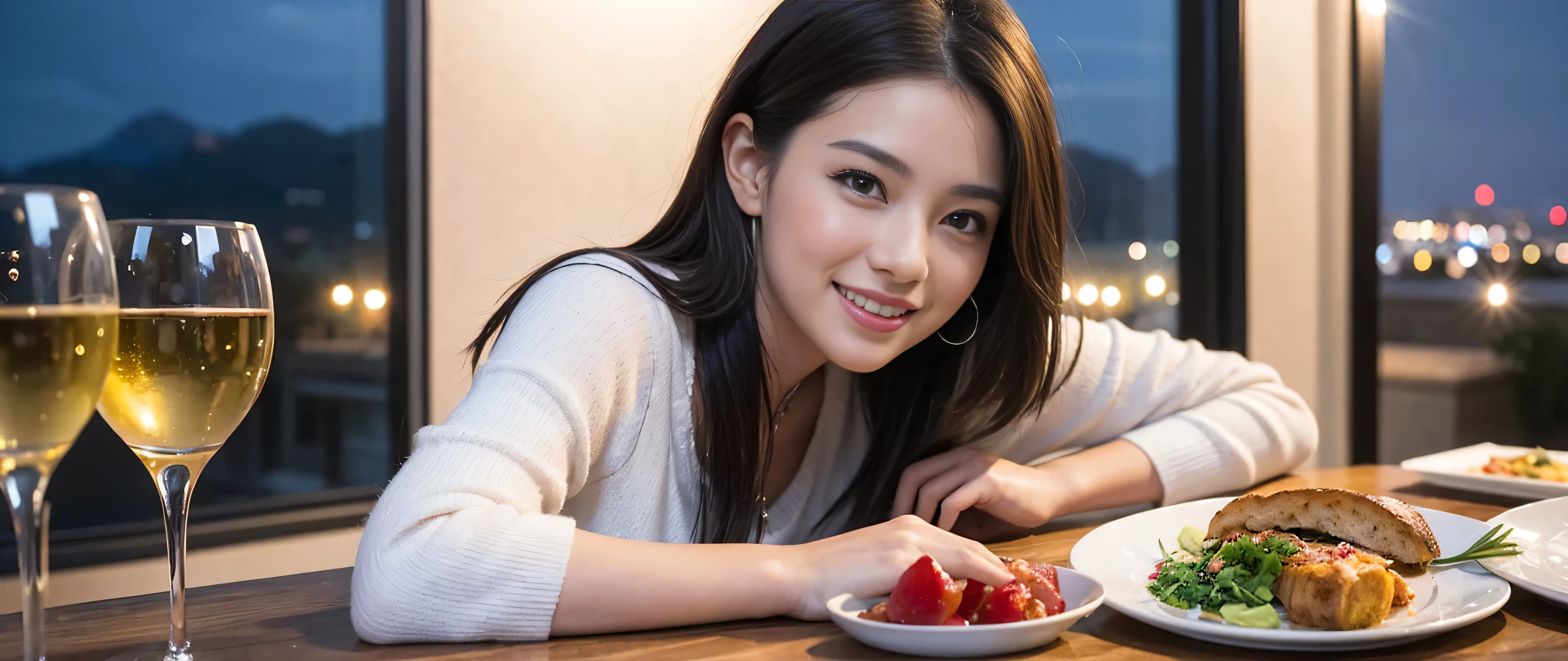 ((highest quality、8k、masterpiece:1.3))、Sharp focus:1.2、Beautiful woman perfect body:1.4、Slim body、((Bob Hale、Straight hair:1.2))、(to be born, highest quality, masterpiece:1.5), (Realistic, Intricate details:1.2), Wine on the table、, Image seen from the side、Put the light on your face、Amazing view of the sunset sky and clouds、Amazing mountain views、A bright smile、A lovely woman with a smile、Bright image、 The beauty of wine, Beautiful Face, blue eyes, The light shines on your face, Blushing, short hair,Bright Face、Fox face、 (42 years old), 39 years old, Lady、red wine 、Appetizers、Italian food、Wine bottle、Champagne、sparkling wine、Two beauties、Brown Hair、Shortcuts、Long sleeve shirt、dress、Pretty Woman 1, (Slim face), (The body is slim), (Brown Hair), (Shortcuts), cheeks turn a little red,Attractive beauty、, Out of the window, A beautiful and detailed night view unfolds.........., restaurant, In a prominent place (From the waist up) Nova Frog Style, actress, model, Upper Body, White wine, slim, wine glass, A wine glass placed in the middle, smile, (smile: 1.15), Beautiful fine grain, Depth f/2,saturation, High Contrast, Strong light and shadow,Moist Body:1.5、3D texture、Delicate eyes、Brown Hair、The hair is very shiny、