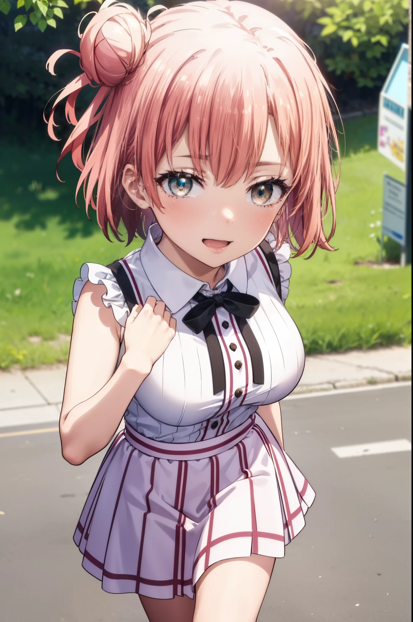 yuiyuigahama, yui yuigahama, short hair, (Brown eyes:1.5), (Pink Hair:1.2), Hair Bun, single Hair Bun, smile, (Big Breasts:1.2),happy smile, smile, Open your mouth,
, Sleeveless pink dress,Pink long skirt,Cute Sandals,walking,Real Summer,Daytime,sunny,whole bodyがイラストの中に入っていくように,
break outdoors ,School School building, break looking at viewer, whole body,
break (masterpiece:1.2), highest quality, High resolution, unity 8k wallpaper, (shape:0.8), (Beautiful and beautiful eyes:1.6), Highly detailed face, Perfect lighting, Highly detailed CG, (Perfect hands, Perfect Anatomy),