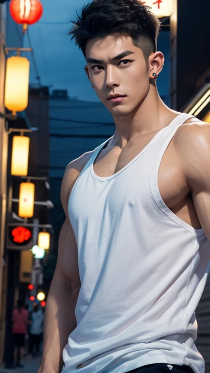 Japanese male male model, big muscles, handsome, cool, smoothly combed hair, pierced ears, wearing a loose tank top, holding a lollipop, portraiture, modeling, dynamic pose, Japanese street, late at night, store lights trade, full half body shot