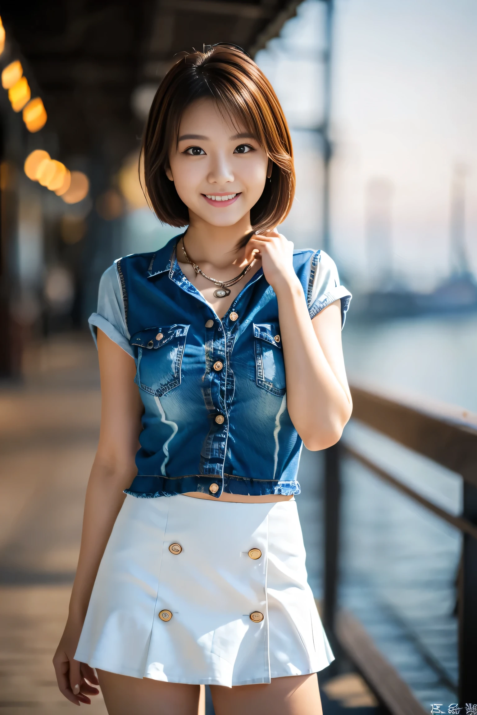 (Full body shot from head to toe:1.5),(18-year-old female),((White mini skirt:1.5)), (The best quality at its best:1.4), (Super detailed), (Very detailed CG unified 16k), Beautiful woman with perfect figure: 1.4, Sharp focus: 1.2, Very detailed, High-quality RAW color photos, Professional photography, Great face and eyes, Beautiful eyelashes、(Amazingly beautiful girl),((Denim shirt:1.5)), Are standing, Sexy posture，(harbor:1.3), (View from below), Realistic movie faces, Realistic, ((Natural light brown hair color, Realistic blue eyes)),( Short Bob Hair:1.5), (necklace:1.5)、Very beautiful face, Perfect model beauty, Mouth swelling, Highly detailed face and skin texture, double eyelid, Medium chest, smile, (masterpiece), highest quality, High resolution, Very detailed, Blurred Background, Cinema Lighting, Great legs, High heels, Clear, well-maintained skin,