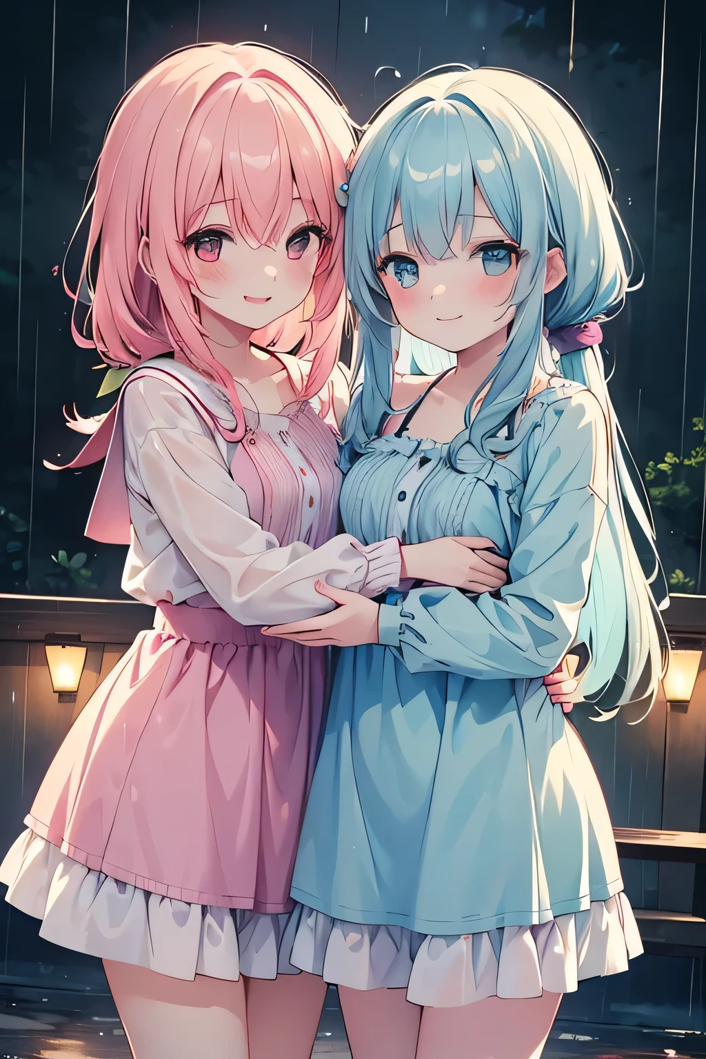 Two girls hugging, Extremely detailed, masterpiece, Perfect lighting, (raining), (rain), (Soft colors), (pastel colors), (night), A bright smile, Happy, wet, Close your eyes, lightweight casual wear