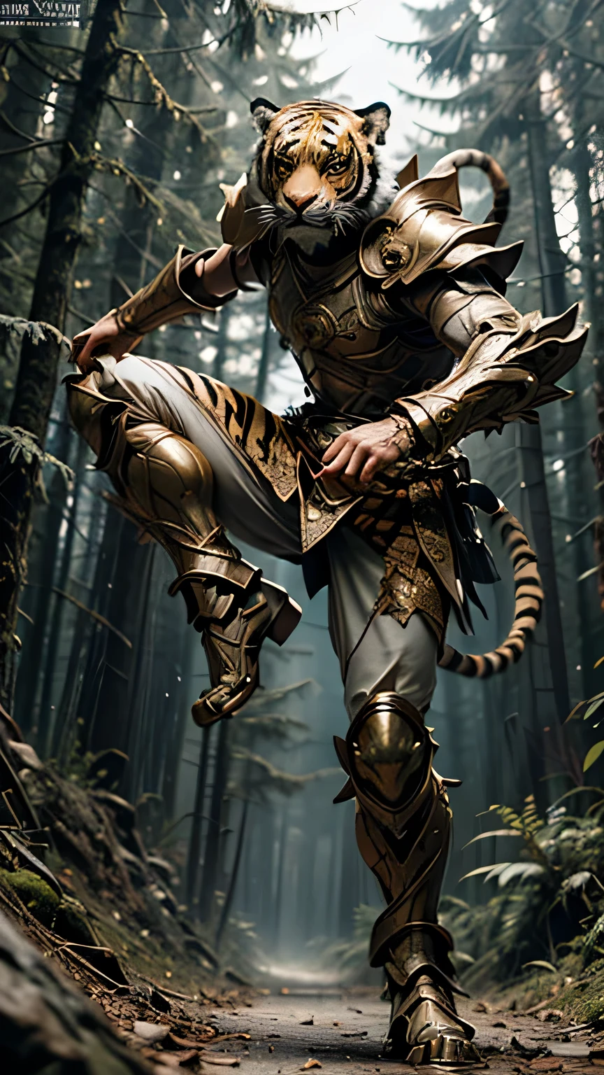 (Have a weapon:1.3), (Tiger Head Warrior:1.3), , High Kick, , Luxurious Armor, Dynamic pose, Cinematic lighting effects, Dense forest, Dynamic composition, , Full Plate Armor, , , , (Break dance:1.3), , , , , , , , , , , , , , , , ,