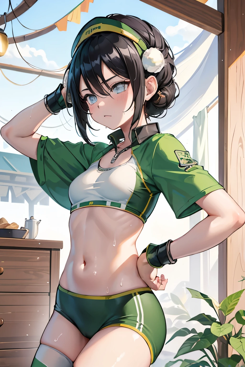 ((4K, ​master piece, Best Quality)), thop Beifong,  1girl in , center parted hair, small breasts⁩, Cute, blush, running, white sports bra, bloomer , morning, park, sweat .