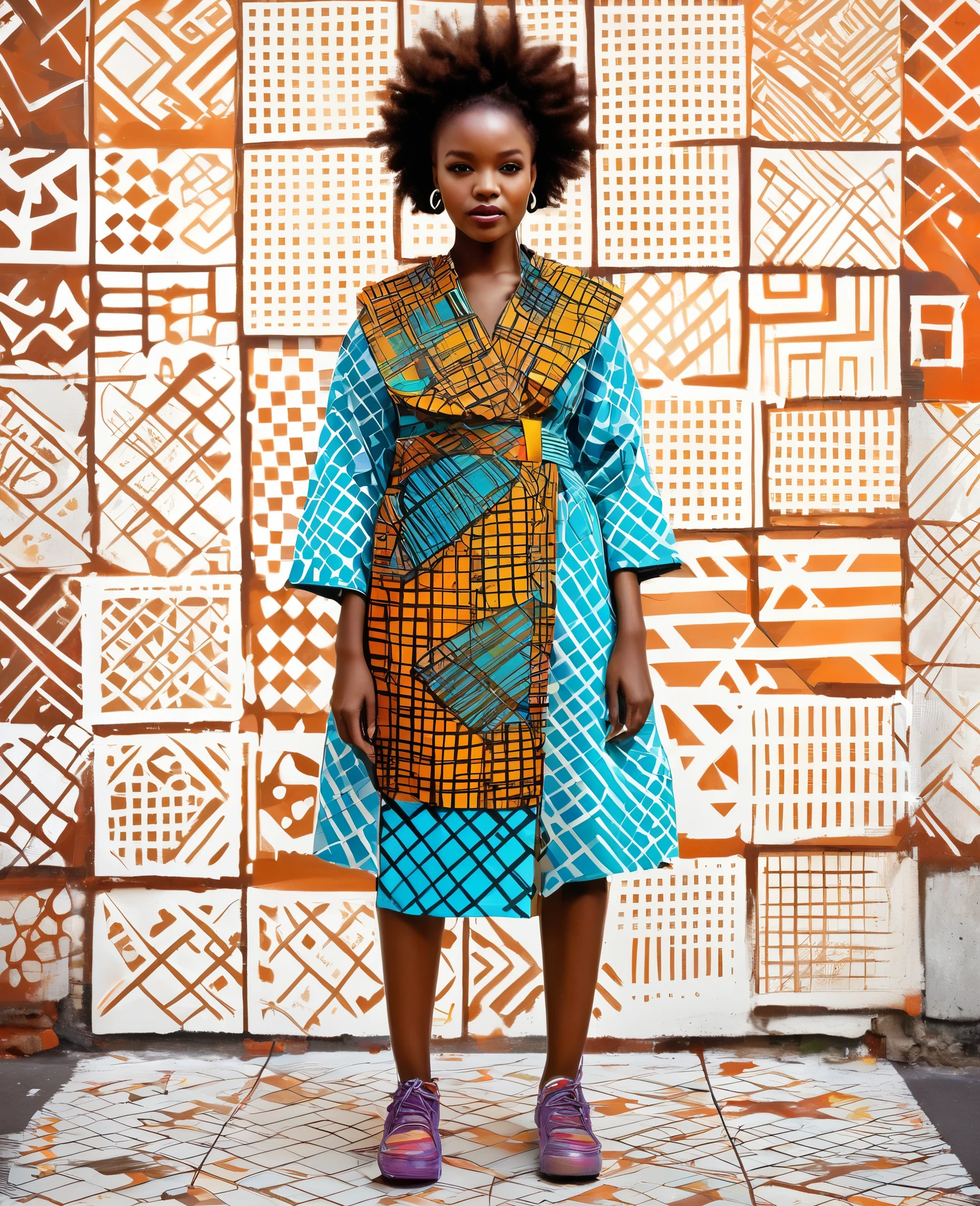 A beautiful painting by a 6-year-old of an African woman dressed in african designed clothes,  On a geometric background of squares and rectangles, Carne Griffiths 的Graffiti, behance, Graffiti, Chromatic Scale, artwork, Vibrant colors