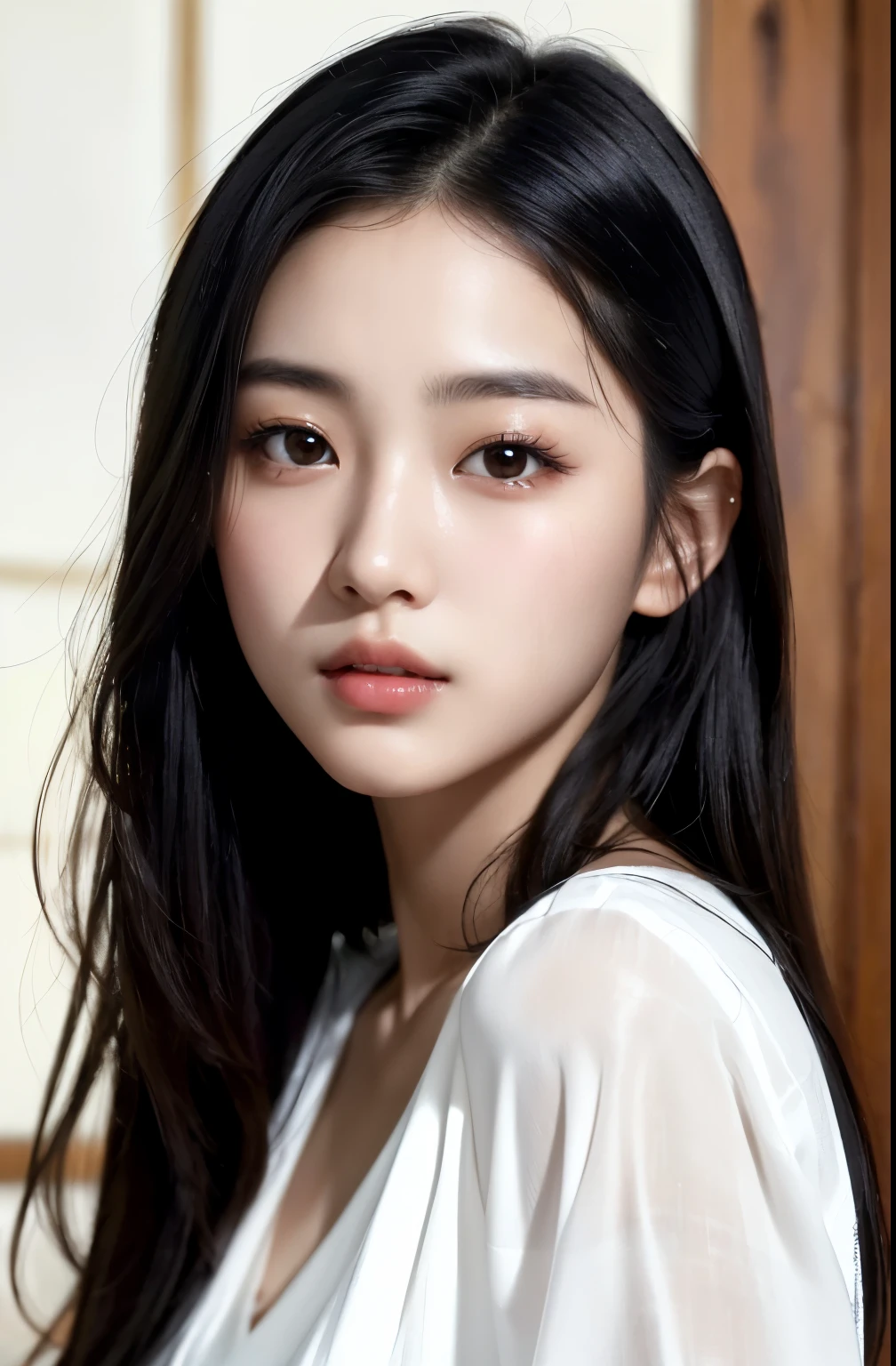((best quality)), ((ultra res)), ((photorealistic)), (intricate details), 20 years old, asian woman, black hair, perfect face, white shirts, face detail,