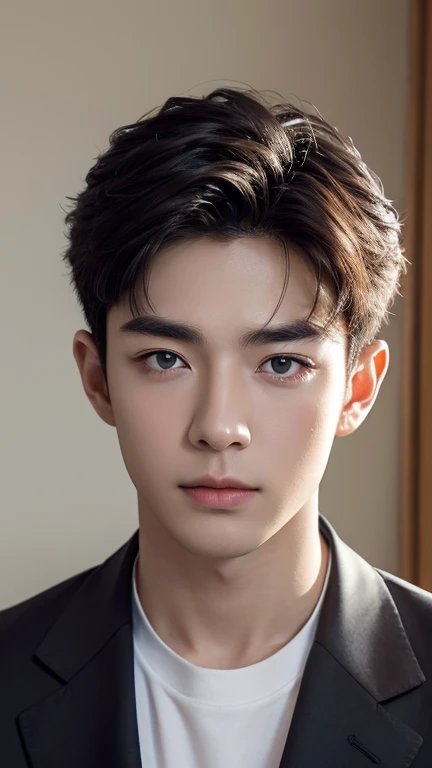 top quality, Masterpiece, ultra high resolution, (realistic: 1.4), original photo, wallpaper, avatar, Skin, simple background, black eyes, details, self-shot, 1 boy, 18 years old, a handsome guy, breeze, Sunlight, They want、one room、Amazingly handsome man、Lovely、center part、Perm、Johnny's、Looks like Yoshizawa Ryo’s face、Refreshing、Eyebrows should not be too thick、Orthodoxy、cold face、Muscle tissue、lifelike