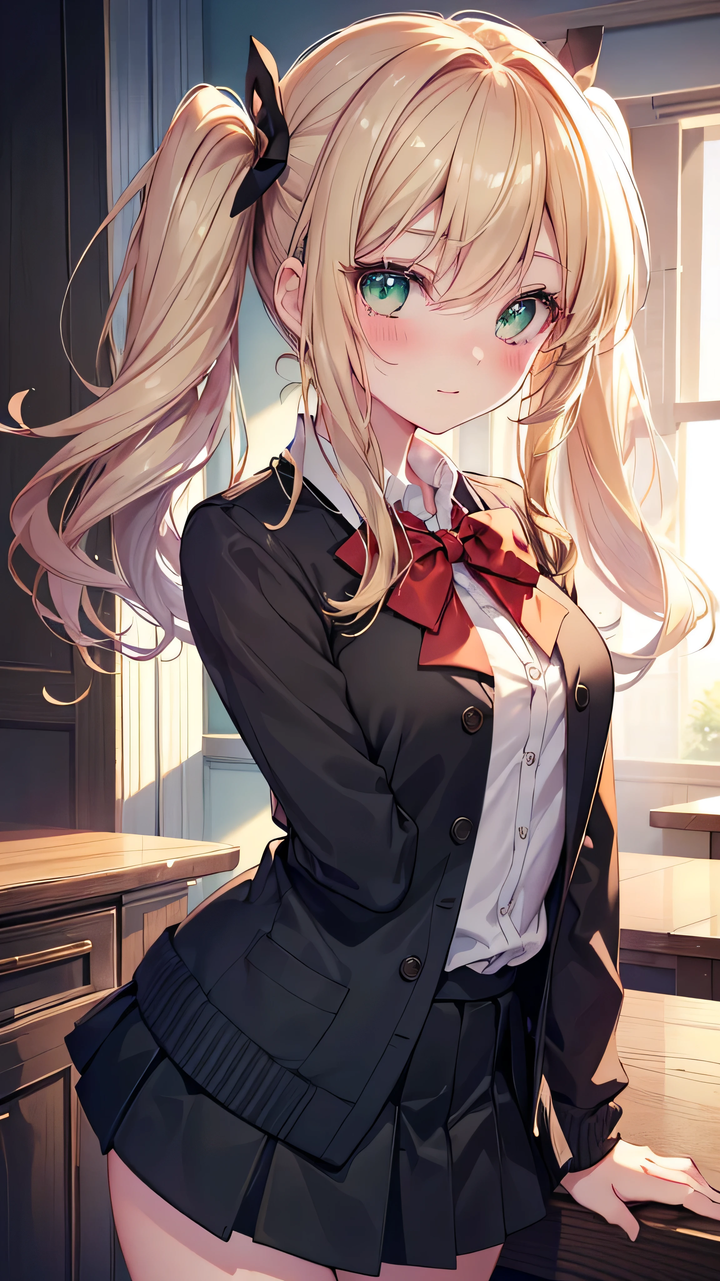 ((Tabletop, highest quality, High resolution, Hmph, Perfect Pixel, Depth of written boundary, 4K, Hmph, Hmph))), One Girl, single, alone, Beautiful Anime Girls, Beautiful art style, Anime characters, ((Long Hair, bangs, Dark brown hair, Curly Hair:0.8)), ((Green Eyes:1.4, Fine grain, Beautiful Eyes, Perfect Eyes,Curled eyelashes, Realistic eyes)), ((Detailed face, Blushing:1.2)), ((Smooth texture:0.75, Realistic texture:0.5, Anime CG Style)), Medium chest, Dynamic Angle, Big Breasts, Perfect body, Dynamic pose, ((Red bow tie, , Black jacket, Open jacket, Brown cardigan, White shirt, Black Skirt, Checked skirt)), smile, Open your mouth, Put your arms behind your back, Leaning forward, Amalment Park, ((close, throw, cute, Shoot in the face)) Twin tails Blonde Hair