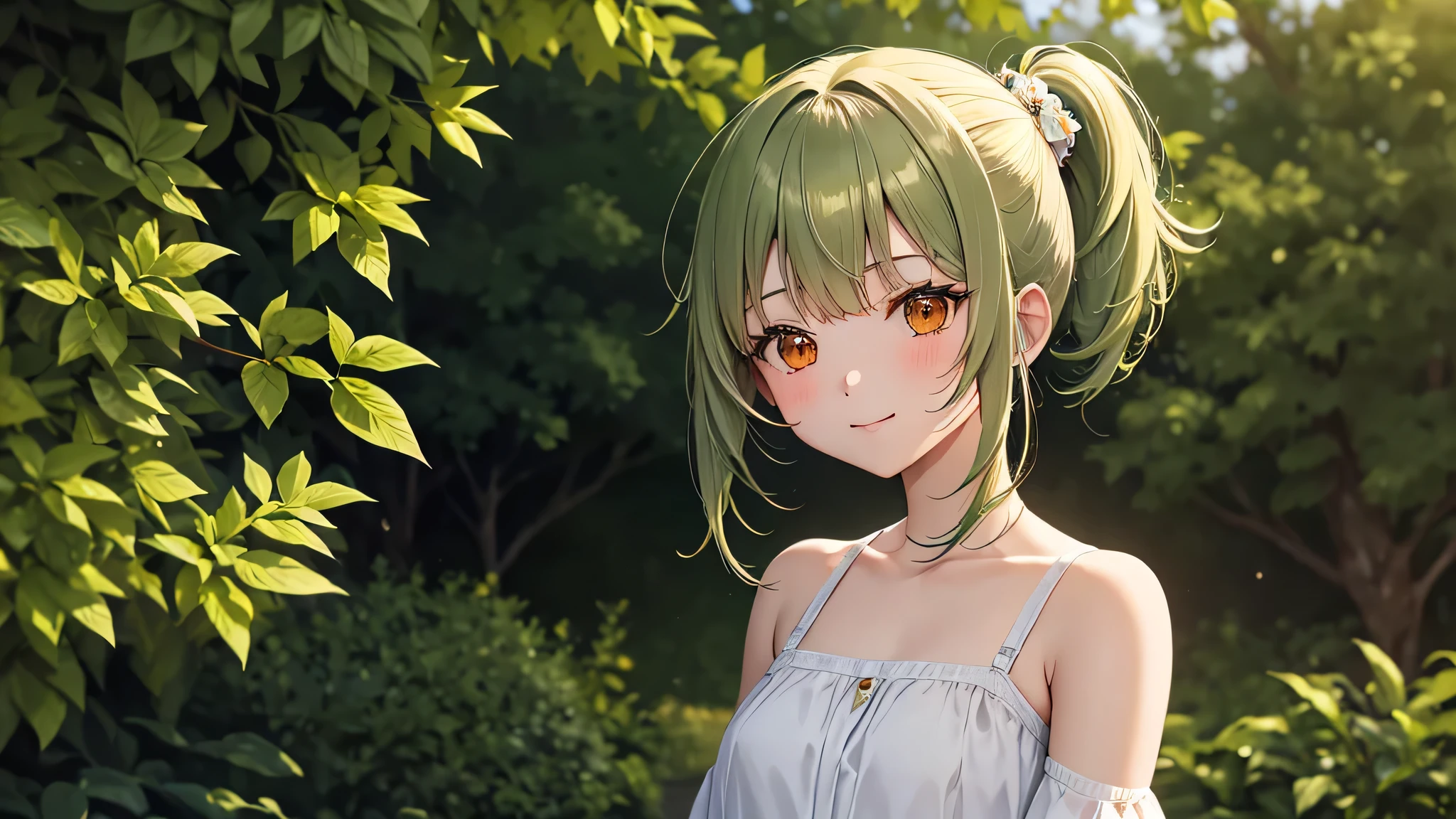 masterpiece、evening、In the open garden、One girl、（Ash green hair、Medium length ponytail、Straight bangs、A little hair on the side、Brown eyes、hair ornaments：orange）、（Pale green、tight、Short sleeve、A shiny backless dress）、A kind smile、Sparkling、Soft Light、