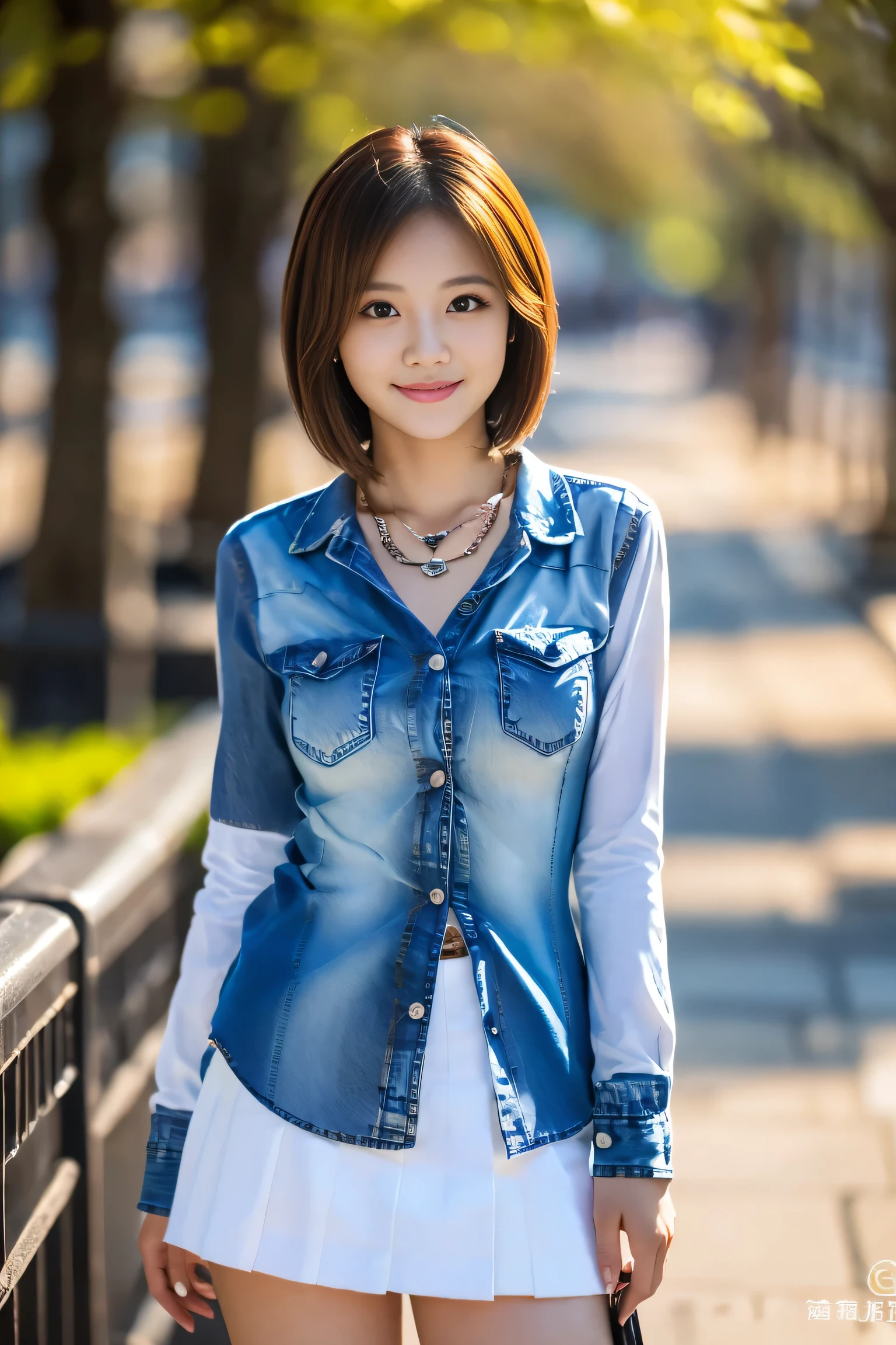 (Full body shot from head to toe:1.5),(18-year-old female),((White mini skirt:1.5)), (The best quality at its best:1.4), (Super detailed), (Very detailed CG unified 16k), Beautiful woman with perfect figure: 1.4, Sharp focus: 1.2, Very detailed, High-quality RAW color photos, Professional photography, Great face and eyes, Beautiful eyelashes、(Amazingly beautiful girl),((Denim shirt:1.5)), Are standing, Sexy posture,(harbor:1.3), (View from below), Realistic movie faces, Realistic, ((Natural light brown hair color, Realistic blue eyes)),( Short Bob Hair:1.5), (necklace:1.5)、Very beautiful face, Perfect model beauty, Mouth swelling, Highly detailed face and skin texture, double eyelid, Medium chest, smile, (masterpiece), highest quality, High resolution, Very detailed, Blurred Background, Cinema Lighting, Great legs, High heels, Clear, well-maintained skin,