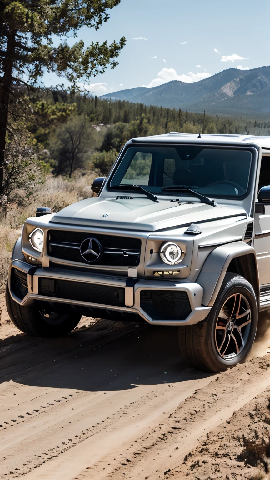 Full Body Shot, Dramatic, Hollywood, Motion, dust trails, muddy road, There is a matte purple Mercedes G63, black tint windows, with race stickers on the windshield and body of the car, there is mud on the sides of the car, It is driving a rocky terrain in Aspen, Colorado. It is day time, and there are trees and cliffs in the background. Ultrarealistic, 8K, 16K, Photorealistic, Photorealism, offroad, 4x4, America