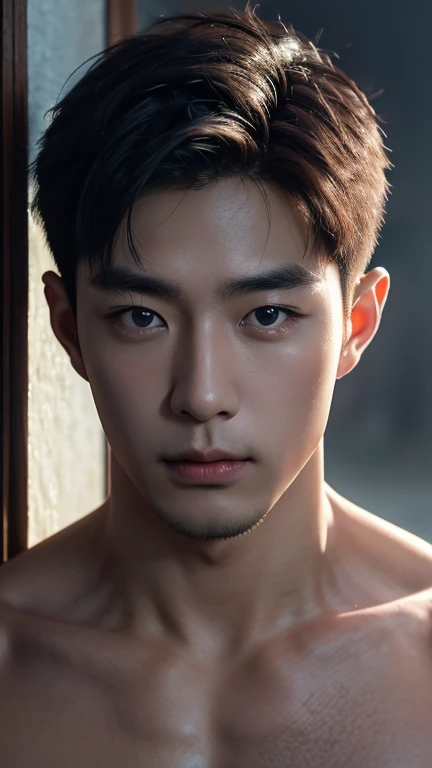 (10, RAW photo, top-quality),Realistic,1 Korean Man,22 years old,frontal,intricate detailed,gag,look away,male focus,bara,Morning sky,gentle lighting,Cinematic lighting,portrait,With love,