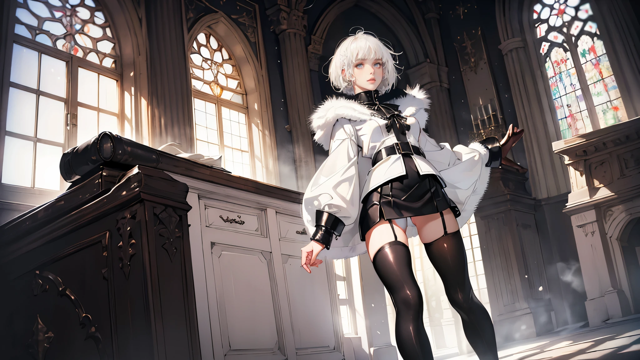 masterpiece, ultra detailed, 8k portrait, RAW photo, portrait photography, highly detailed face, beautiful and meticulous eyes, ((Fantasy)), Young beautiful, 17 years old, Princess, cute pose, (((short bobbed white hair))), blunt bangs, (((White skin color))), Luxury, hooded (((black fur coat))) fluttering in the wind, (((chunky black low-exposure Blouse))), (((leather short skirt))), (((white thigh high tights))), leather boots, Midday Sun, hyper realistic, Body model, Small breasts, Beautiful breasts, Long legs, fireplace side In the castle of snow kingdom, Ambient lighting, Shadow details , Camera focus on face, strong breeze, Light fog