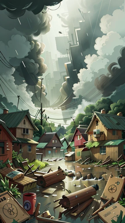 Background, a typhoon with flood, the houses in the backgroud are destroyed, gloomy ambience, heavy rain, flood with trashes, logs and destroyed objects, cinematic cartoon soft style