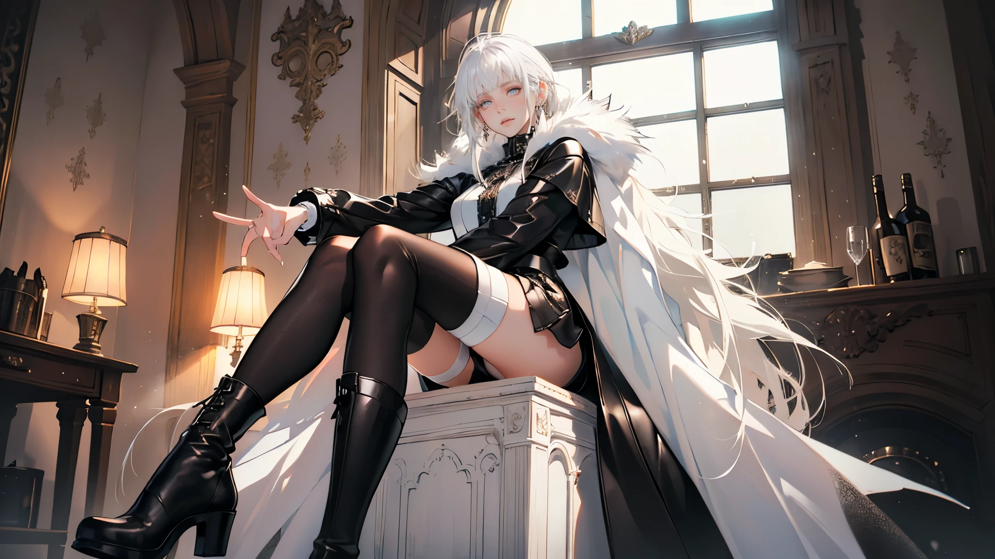 masterpiece, ultra detailed, 8k portrait, RAW photo, portrait photography, highly detailed face, beautiful and meticulous eyes, ((Fantasy)), Young beautiful, , Princess, cute pose, (((short bobbed white hair))), blunt bangs, (((White skin color))), Luxury, hooded (((black fur coat))) fluttering in the wind, (((chunky black low-exposure Blouse))), (((leather short skirt))), (((white thigh high tights))), leather boots, Midday Sun, hyper realistic, Body model, Small breasts, Beautiful breasts, Long legs, fireplace side In the castle of snow kingdom, Ambient lighting, Shadow details , Camera focus on face, strong breeze, Light fog