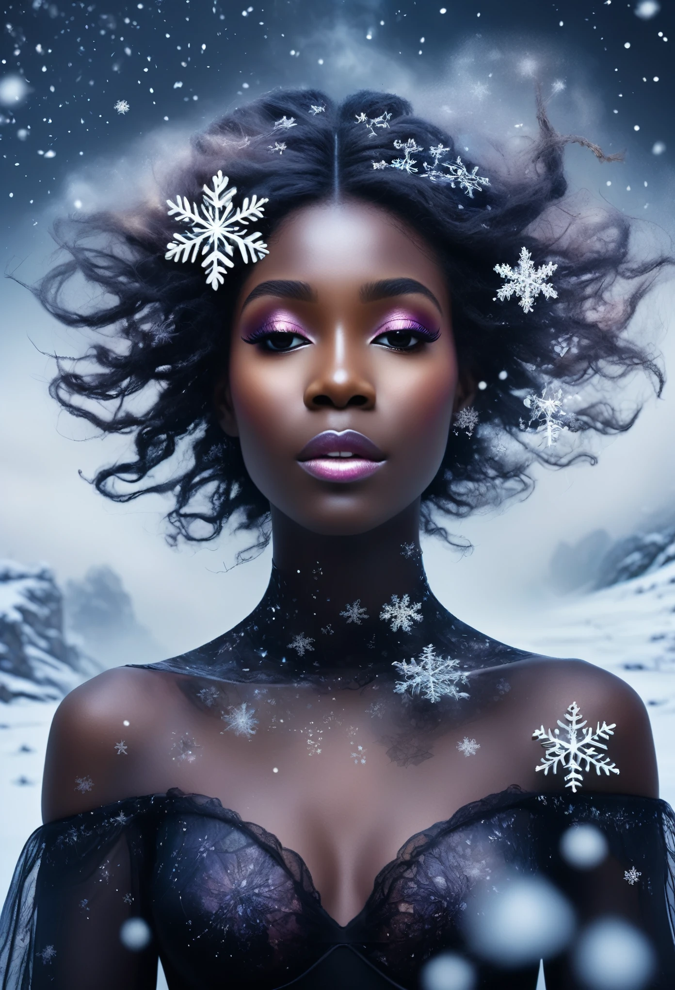 The face of the black  princess appears in the air，(multiple exposure:1.8),winter landscape，Surreal wonderland，Dreamy cloud and mist floating fairy island，(Big snowflakes:1.3)，Colorful big snowflakes are flying，The black princess&#39;s palace is covered with snow，The tree of life blooms with endless vitality，Twinkling stars in the night sky，Overlapping clouds and fog，Whimsical fantasy landscape art, Beautiful art Ultra HD 8k, 8K highly detailed digital art, beautiful detailed fantasy, epic dreamlike fantasy landscape, Mysterious and fantastic scenery, Magic fantasy is very detailed, magical scenery, Composed of big snowflakes and fantasy floating fairy islands, detailed fantasy digital art, 32K detailed digital art