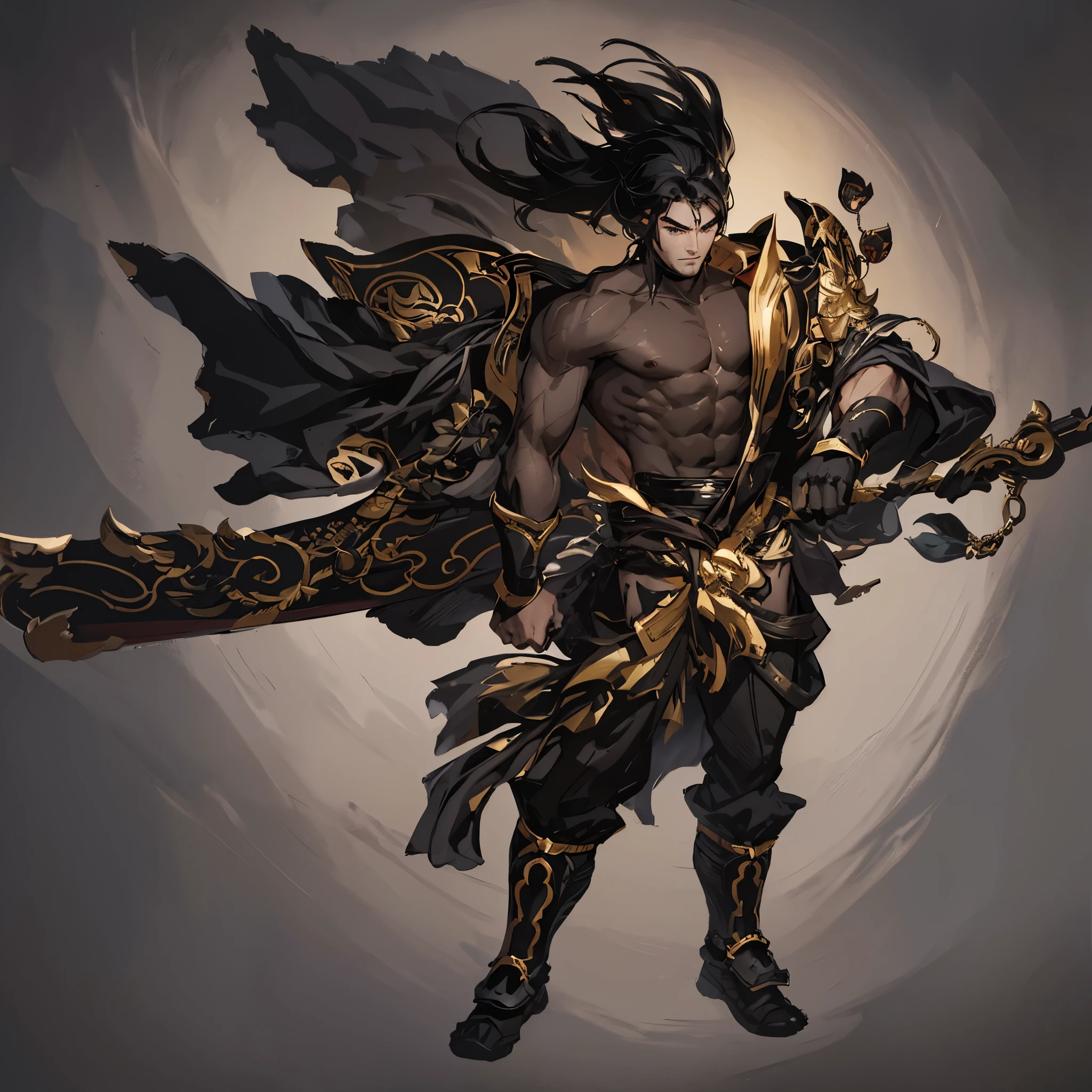 male，warrior，Black armor with gold trim，Black clothes，Red belt，Black hair，Three Kingdoms，warrior，Gray background，White background