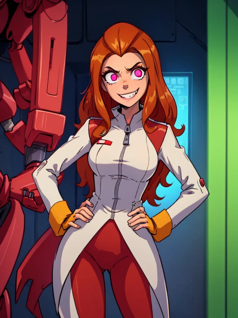 Sfw, mind control Sam by spider helmet robot, ginger hair, 'I have Sam's body', successfully possessed Sam, Glowing red piercing eyes, pervy evil grin, 'this is my body now', hahahaha, satisfying looks, venus body, , wearing white laboratory coat with green spy suit underneath, hands on hip, spider helmet