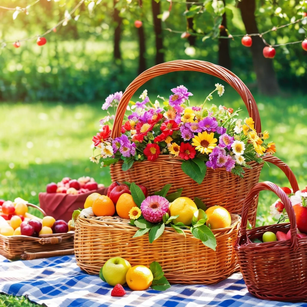 a close up of a basket of flowers on a table with fruit and drinks, fruit and flowers, made of flowers and fruit, having a picnic, made of fruit and flowers, summer afternoon, beautiful sunny day, radiant morning light, summer setting, forest picnic, summer morning light, warm beautiful scene, made of flowers and berries, sunny morning light, fruits in a basket