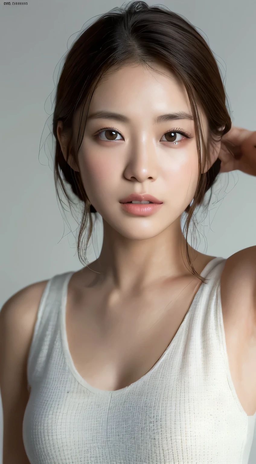 Masseter muscle area, highest quality, masterpiece, High resolution, Photorealistic, RAW Photos, 8k wallpaper, perfection, Professional Lighting, Very detailed, Written boundary depth, Beautiful actress appearance, A perfect woman who looks like only a Japanese woman, Simple see-through dress, ((look into the viewer&#39;eye)), ,bangs, breasts without bulge at all, topless, Light brown straight hair, Faint lips, (Place your arms between your legs), Full body portrait, 1 Female in her 20s, (20:1.2), A pure and beautiful actress&#39; face, pretty girl, Realistic body, The beauty of slim abs, Fair skin, Glowing Skin, Slender body, Long, slender legs, Handsome body, Feminine and mature French bob, Layered Cut, (Dull bangs:1.2), A whole lot of smiles, Beautiful Teeth, Beautiful small face, Realistic Face, Beautiful actress&#39;Natural Makeup, Delicate eye, Long eyes that seem to suck you in, Plump and glossy red lips, Blushed, necklace, Earrings, double eyelid, beautiful thin eyebrows, Cute tight ass, Angle from the front, Full Body Shot, Mouth half open, lustful expression, Gazing at the viewer with a dreamy expression, Beautiful female announcer, Shot in studio, Dynamic Lighting